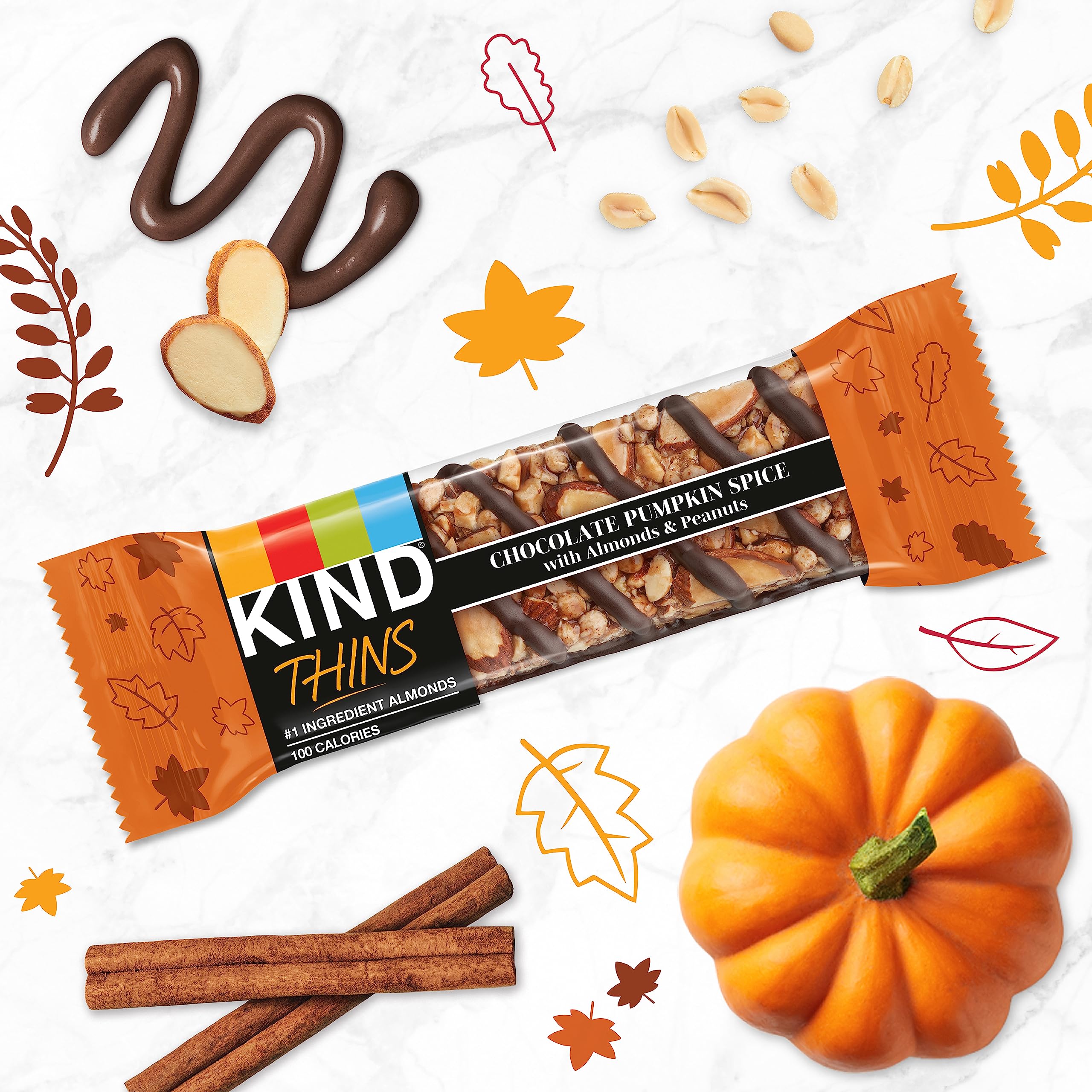 KIND THINS Chocolate Pumpkin Spice with Almonds & Peanuts - Gluten Free, 100 Calorie Healthy Snack Bars (10 Count) - Perfect for On-the-Go Breakfast, Office Snacks & Post-Workout Energy Boost