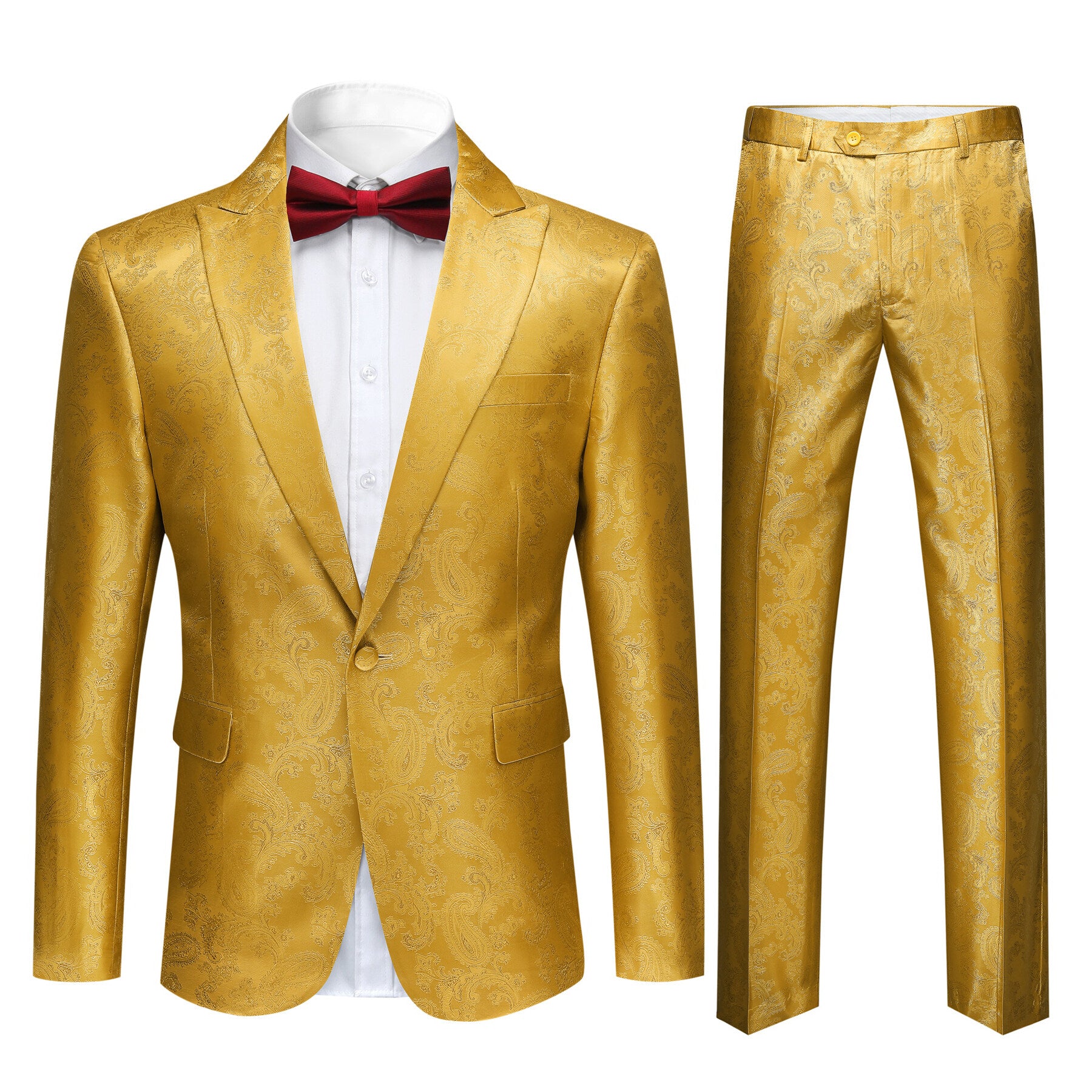 2 Piece Slim Fit Paisley Fashion Suit for Men - Stylish Yellow Business Blazer & Pants Set - Perfect for Office, Wedding & Formal Events