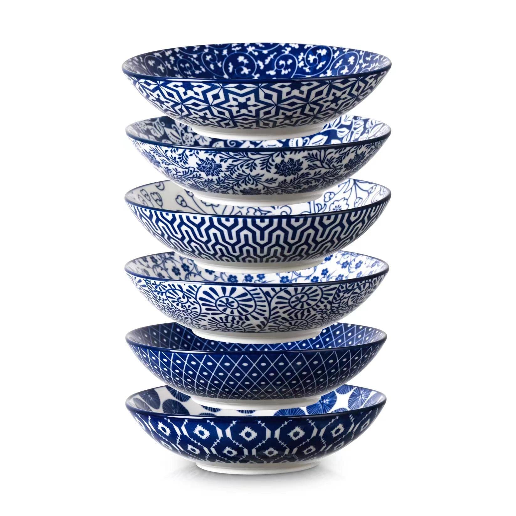 Selamica 30oz Ceramic Pasta Salad Bowls - Set of 6, 8 Inch Wide Shallow Soup Bowls, Stackable, Microwave & Oven Safe, Vintage Blue - Perfect for Serving Pasta, Salad, Soup, Ice Cream & Party Dishes