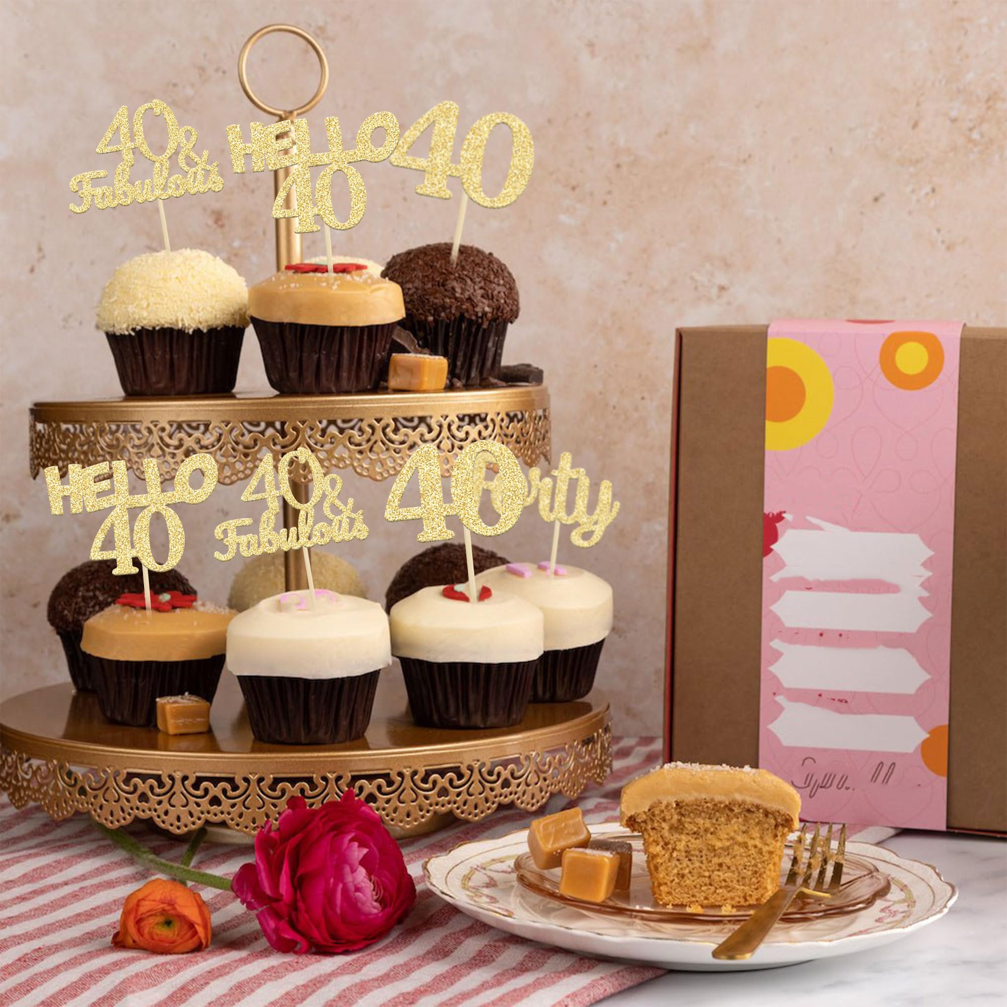 24Pcs Gold Glitter 40th Birthday Cupcake Toppers - Hello 40 Forty Cake Decorations & Fabulous Cupcake Picks for 40th Birthday Party Supplies | Perfect for Anniversary Celebrations, Milestone Birthdays, and Festive Dessert Decorations