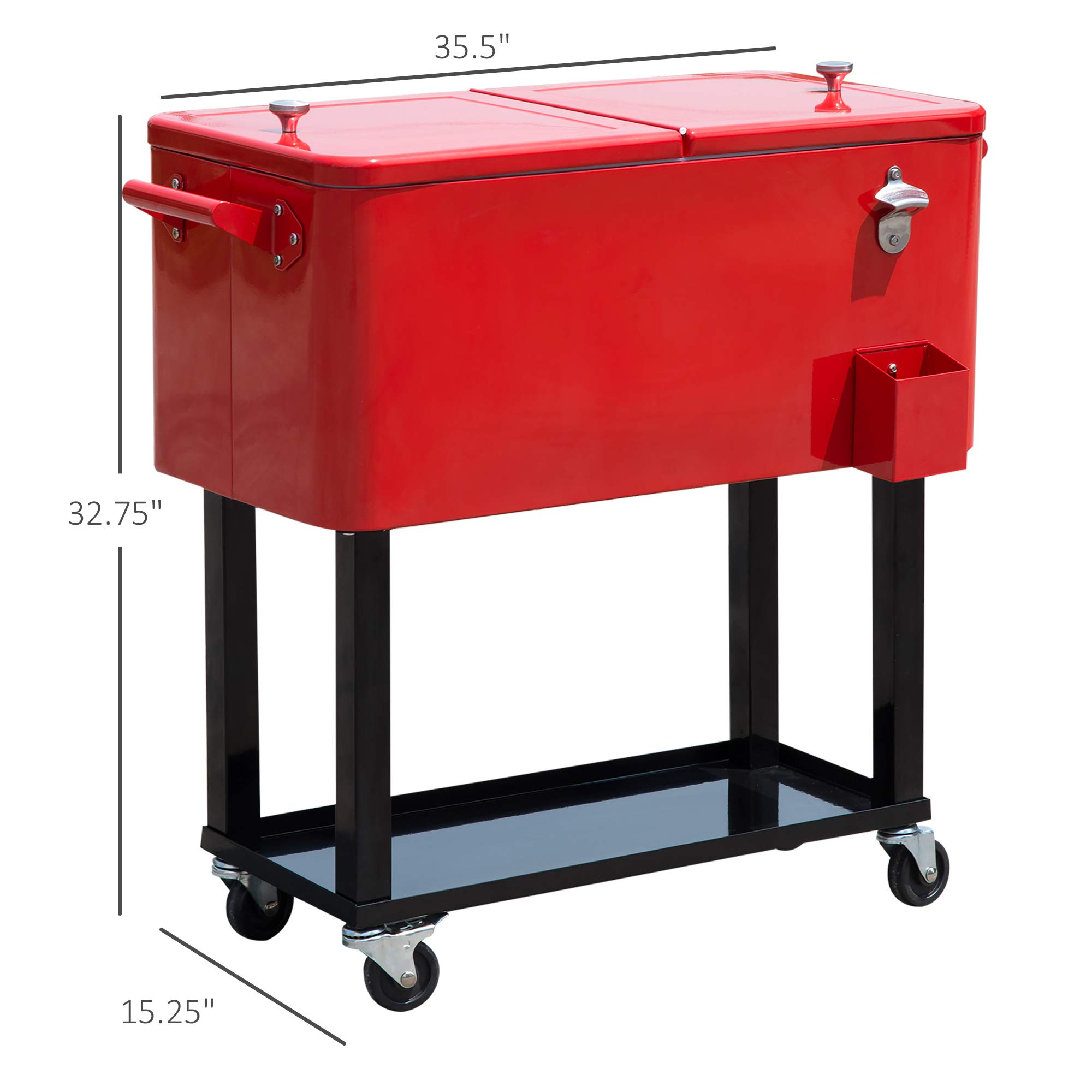 Outsunny 80 QT Rolling Cooler with Wheels - Portable Ice Chest for Outdoor Parties, Camping, Beach & Tailgating - Stand-Up Drink Cooler Cart (Red)