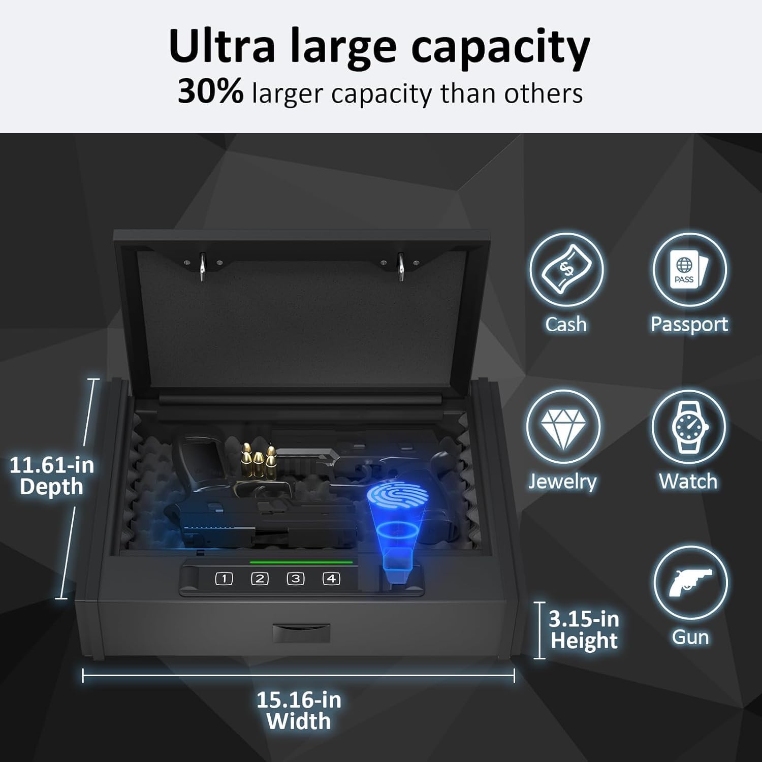 PATRON 25% Larger Capacity Biometric Gun Safe for Pistols - Quick Access Handgun Safe Box with Fingerprint & Keypad Lock - Secure Mounted Pistol Safe for Home, Nightstand & Vehicle Use