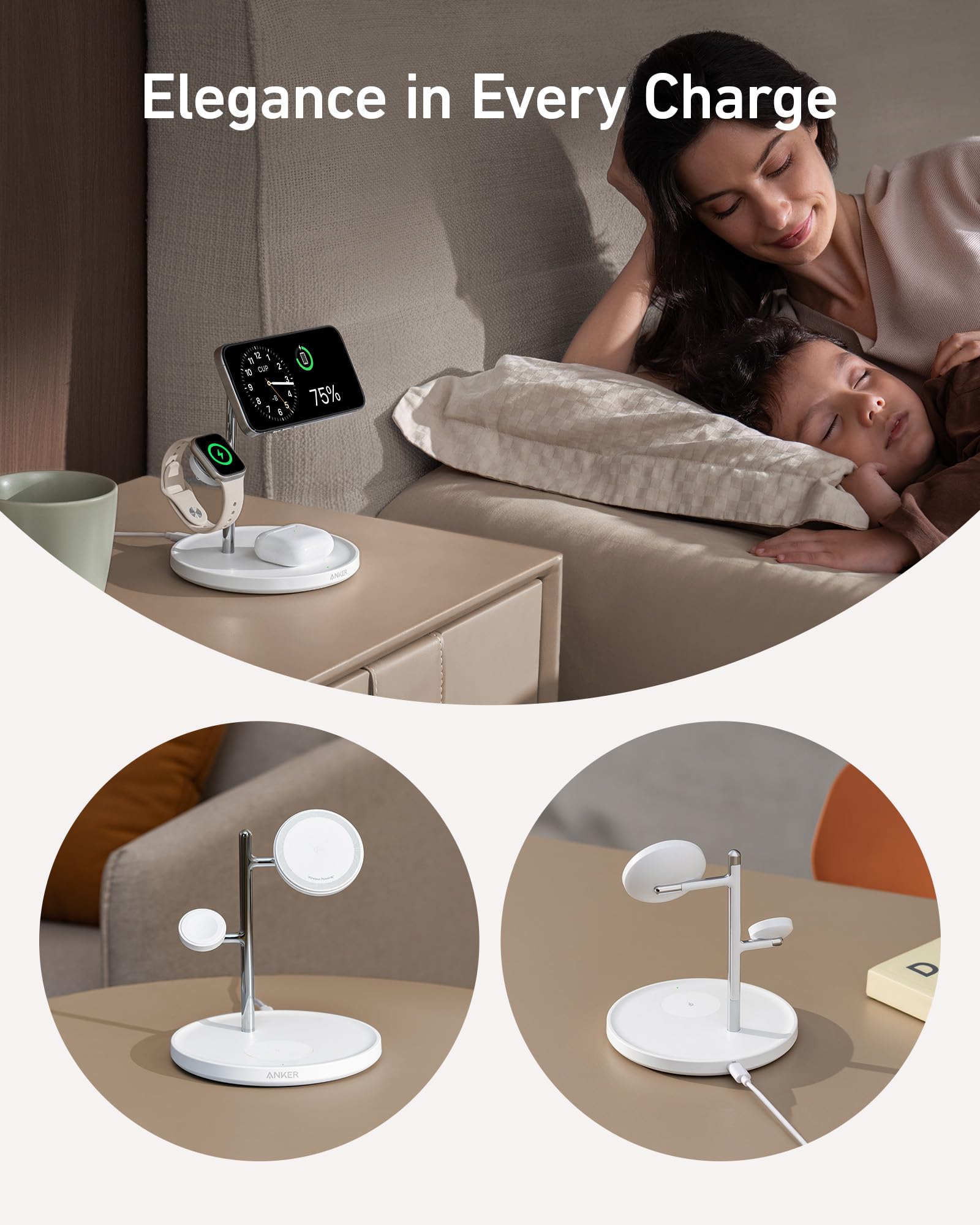 Anker MagGo 3-in-1 Wireless Charging Station - Qi2 Certified 15W Fast Charger | Compatible with iPhone 16/15/14/13/12, Apple Watch & AirPods | MagSafe-Compatible Charging Stand for Home, Office & Nightstand Use
