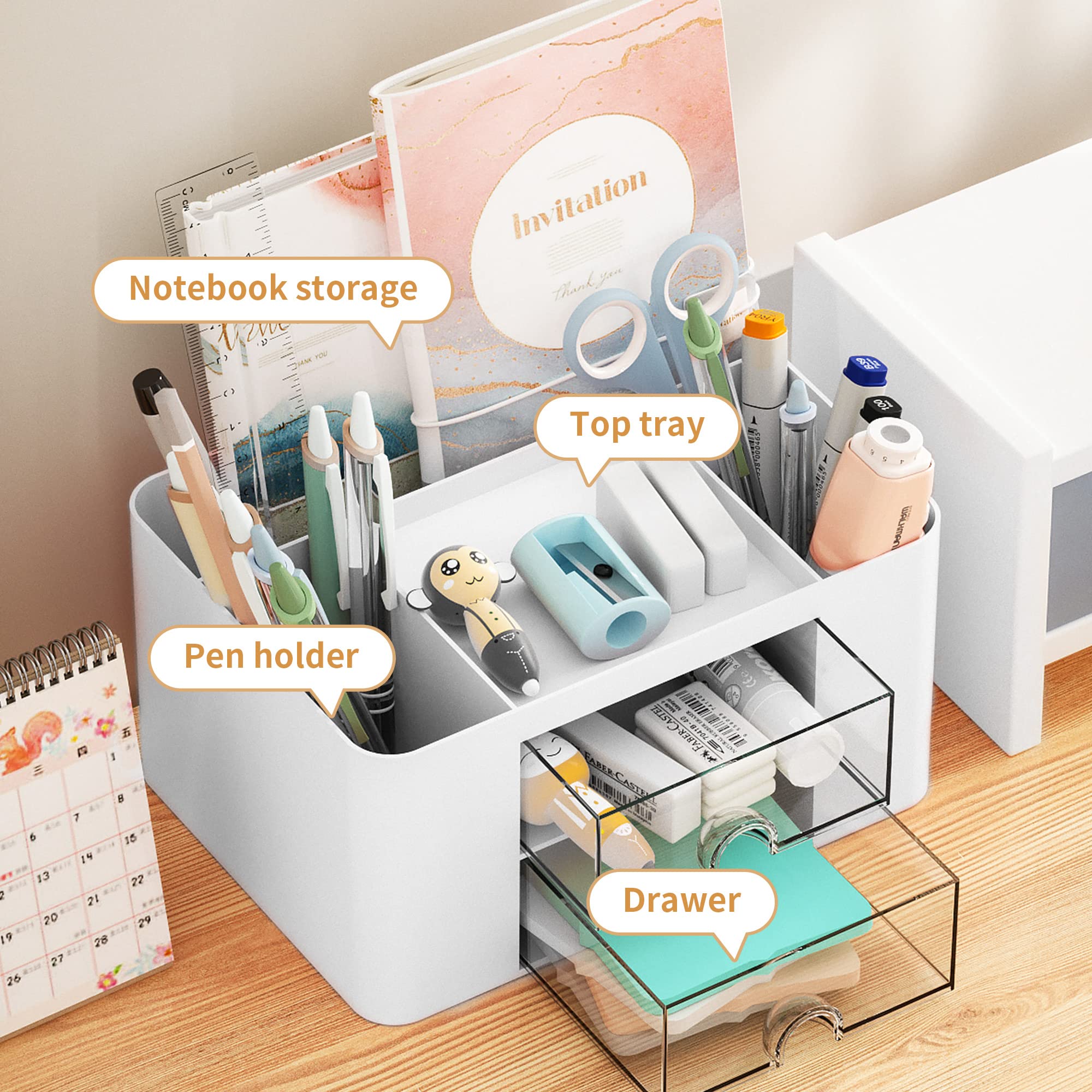 Marbrasse 2-Drawer Pen Organizer - Multi-Functional Desk Pencil Holder with 5 Compartments for Office & Art Supplies (White) | Perfect for Home Office, School, and Craft Room Organization