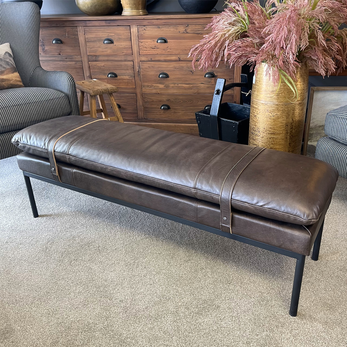 Bayley Leather Bench with Straps - Cocoa Brown Genuine Leather Storage Ottoman for Living Room, Bedroom & Entryway - Perfect for Seating, Footrest & Home Decor