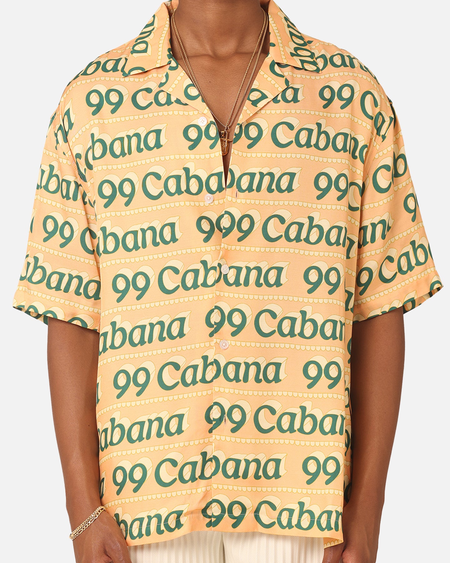 99 Cabana Logo Short Sleeve Button Up Shirt for Men - Breathable Casual Hawaiian Shirt in Yellow & Green - Perfect for Beach Vacation, Summer Party and Tropical Getaways
