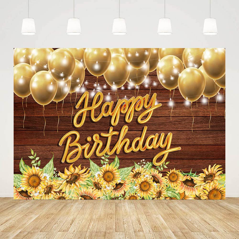 7x5ft Sunflower Backdrop for Birthday Party Decorations | Happy Birthday Banner with Gold Balloons | Wood Photography Background | Photo Shoot Props | Perfect for Baby Showers, Weddings & Events