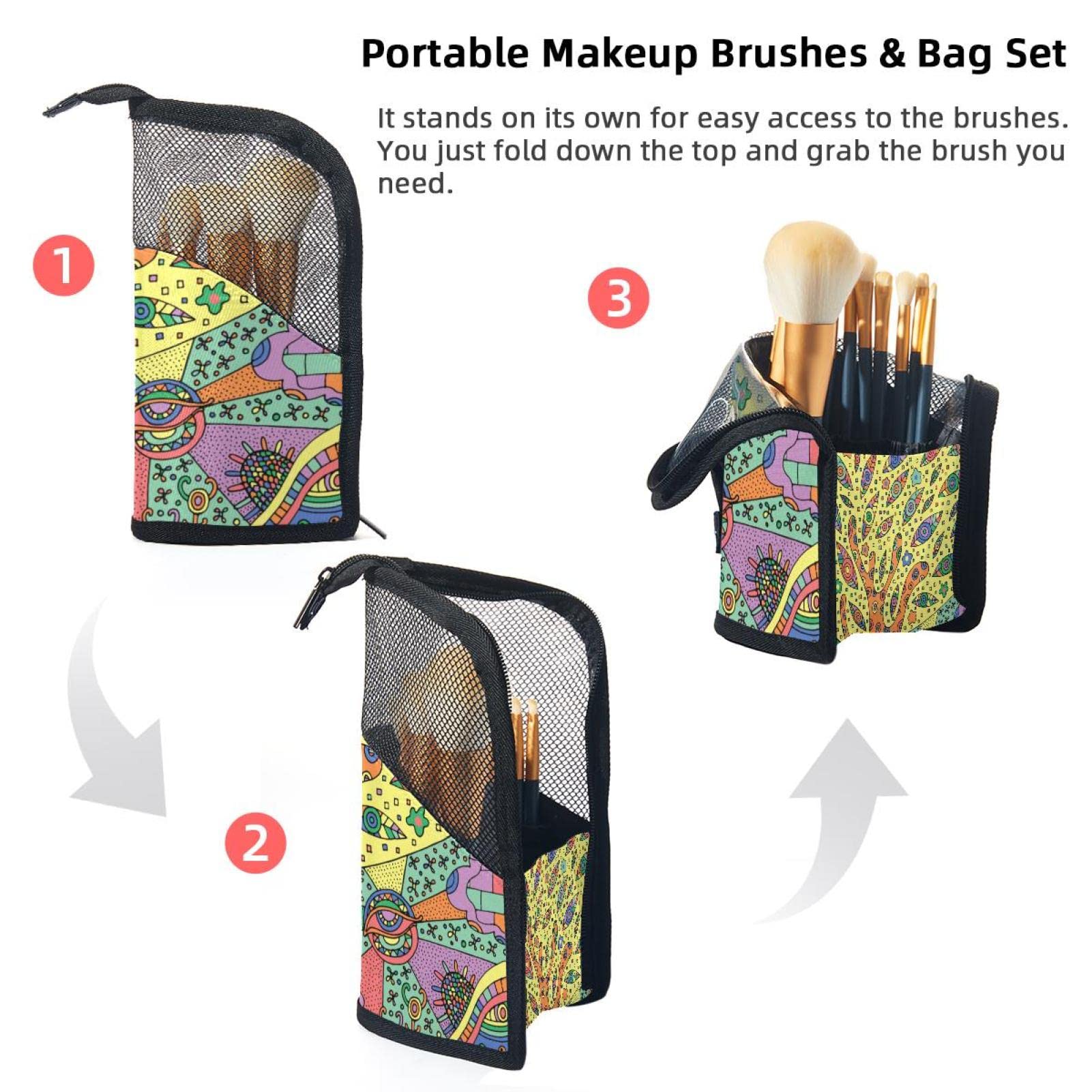 12-Piece Makeup Brush Organizer Bag with Portable Holder Case - Traditional Mexican Halloween Tree Design | Perfect for Travel, Home Storage & Professional Makeup Artists