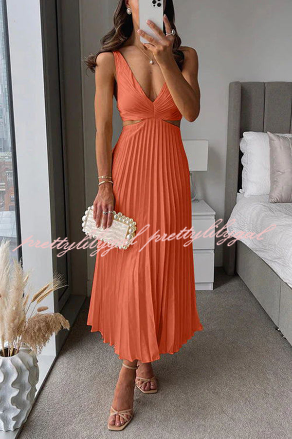 Elegant Summer Floral Print Pleated Cutout Waist Loose Midi Dress for Women - Perfect for Beach Vacations, Garden Parties & Casual Outings