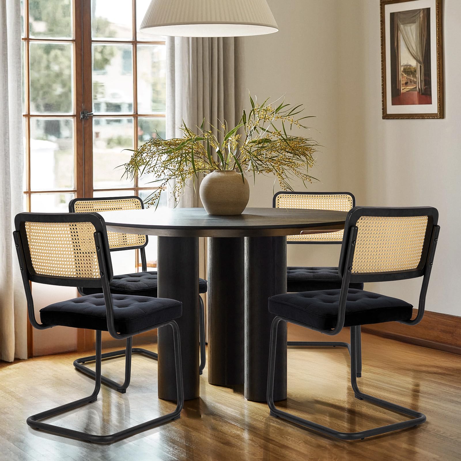 COLAMY Mid Century Modern Dining Chairs Set of 4 - Velvet Upholstered Rattan Chairs with Chrome Metal Legs for Kitchen, Dining Room, Living Room | Elegant Home Decor for Entertaining & Daily Use
