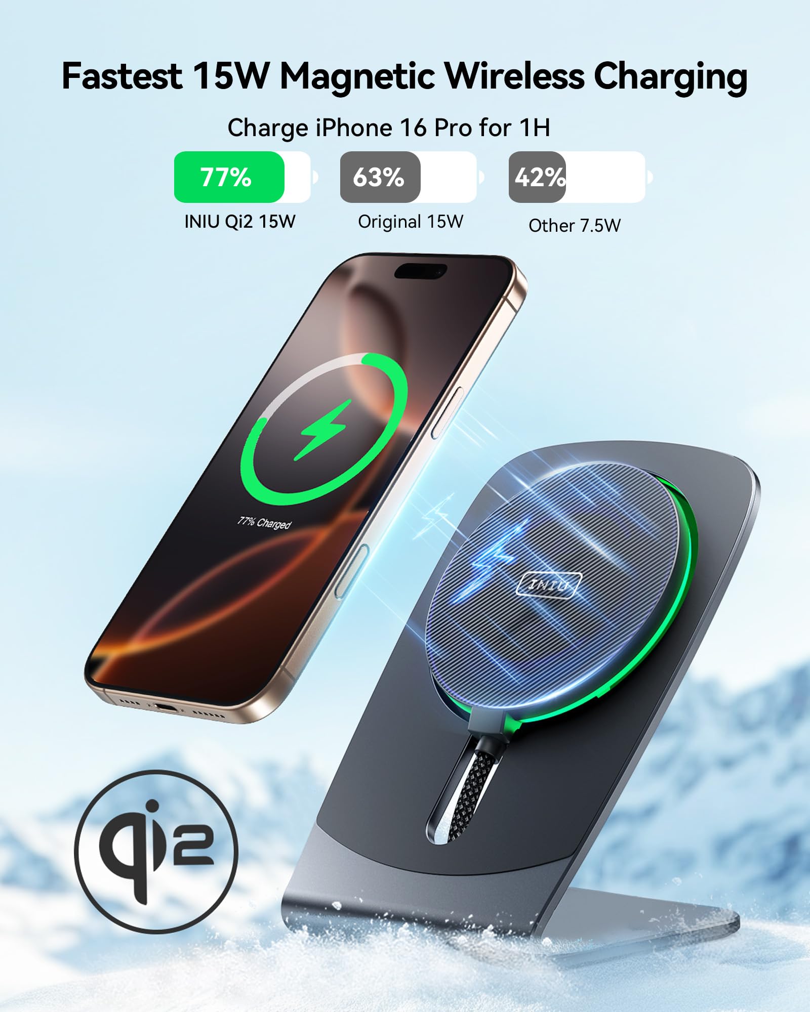 INIU Magnetic Wireless Charger Stand - Qi2 Certified 15W Fast Charging Station with Cooling Fan for iPhone 16/15/14/13/12 & AirPods Pro/4/3 (Includes Adapter) | Perfect for Bedside, Office & Travel Charging