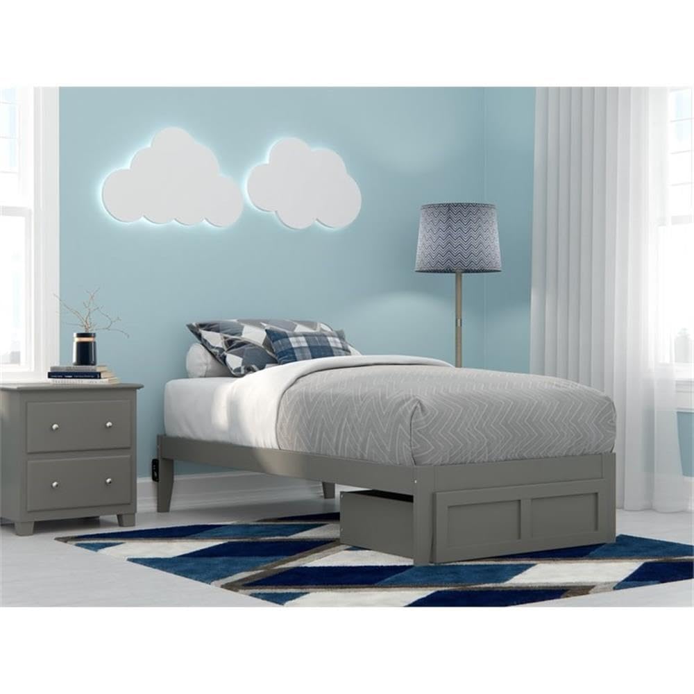 BOWERY HILL Modern Gray Wood Twin Bed with Foot Drawer & USB Charger - Space-Saving Storage Bed for Small Bedrooms, Guest Rooms & Kids Rooms