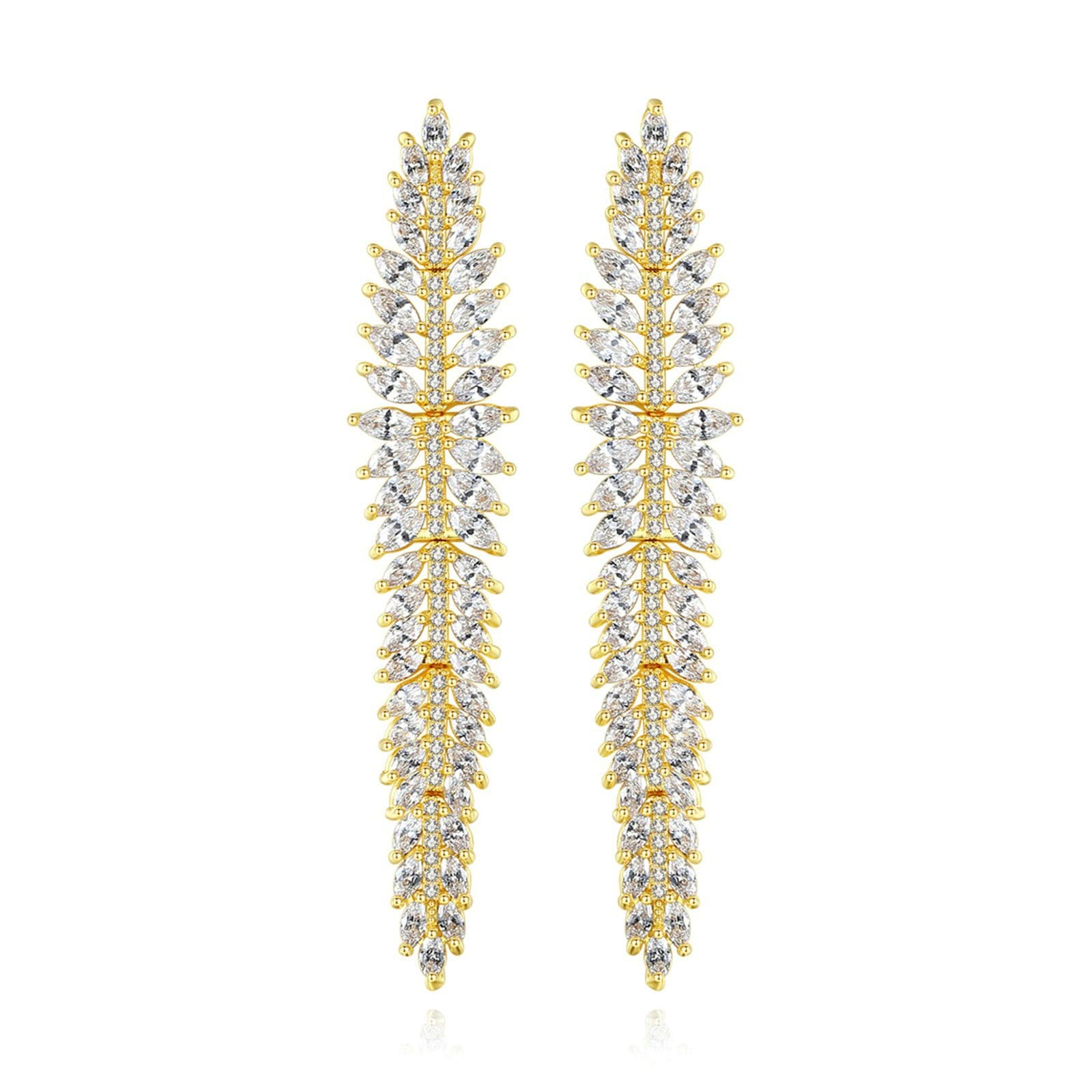 Gold Plated Leaf Earrings with Crystals - Elegant Wedding Jewelry for Brides