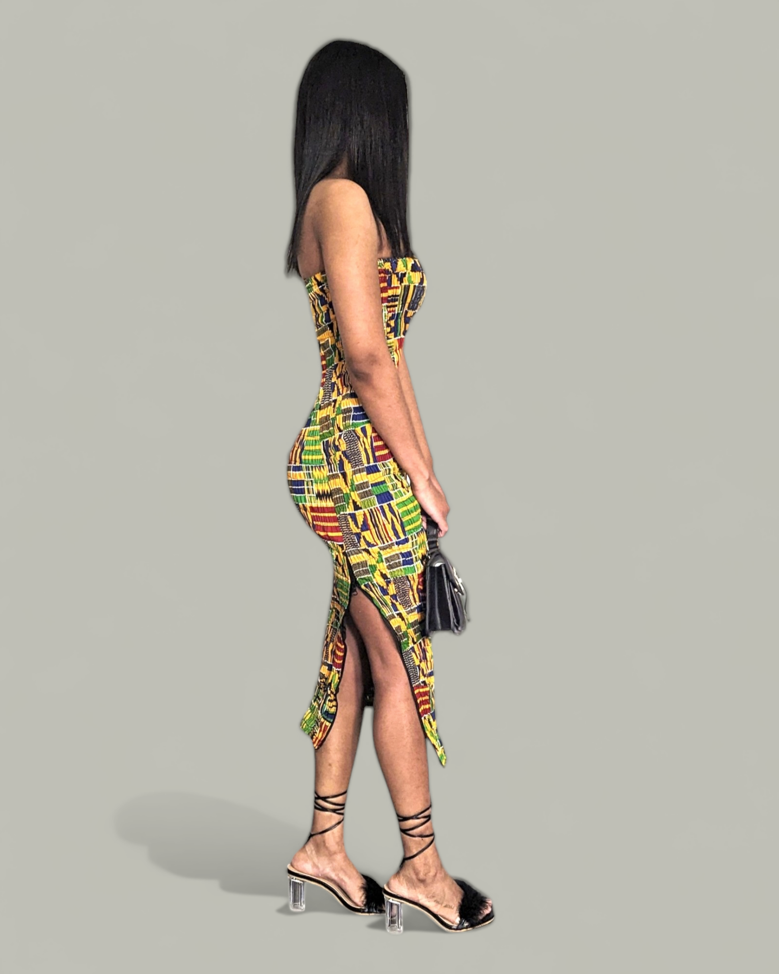 Elegant African Print Kente Strapless Dress with Side Slit | Dupsie's Asantewaah Majesty DP4075SD | Perfect for Weddings, Parties & Cultural Events