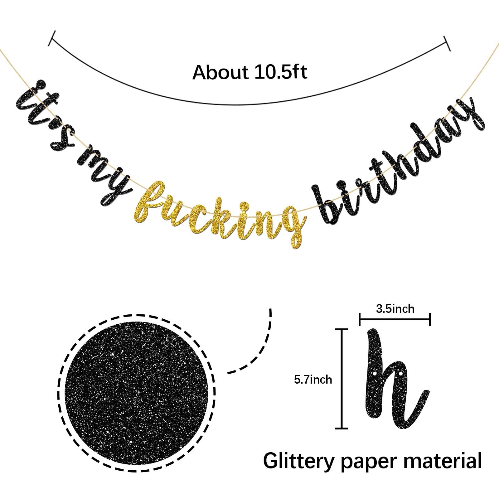Gold & Black Glitter Happy Birthday Banner - Funny Adult Birthday Party Decor, It's My Fucking Birthday Sign for Women & Men | Perfect for Home, Office, Bar Celebrations