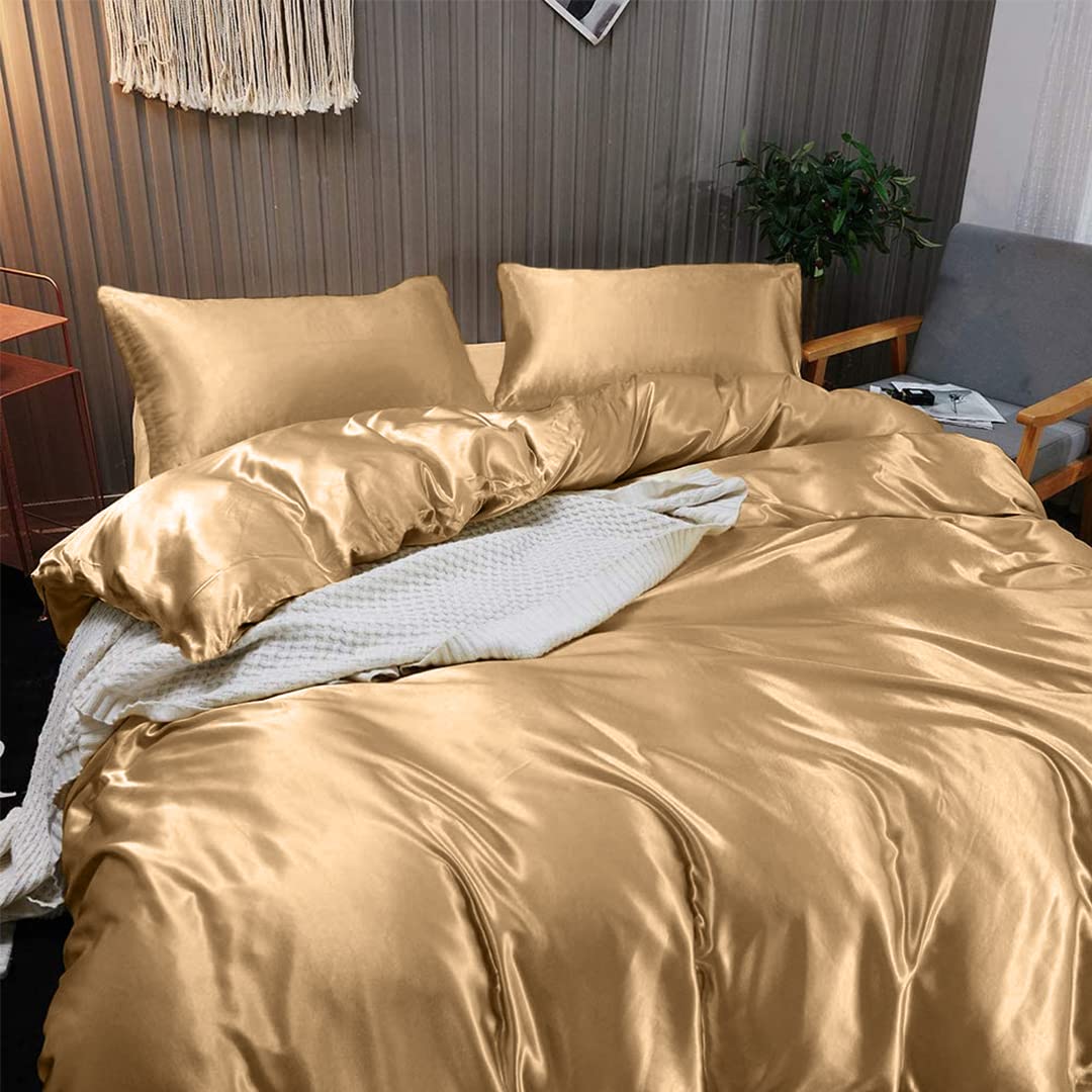 Luxury 7-Piece Silk Satin Sheet Set for California Queen Bed - Breathable Cooling Hotel Quality Bedding with Deep Pockets - Wrinkle Free Dark Ivory Comfy Duvet Cover - Perfect for Hot Sleepers & Upscale Bedroom Decor