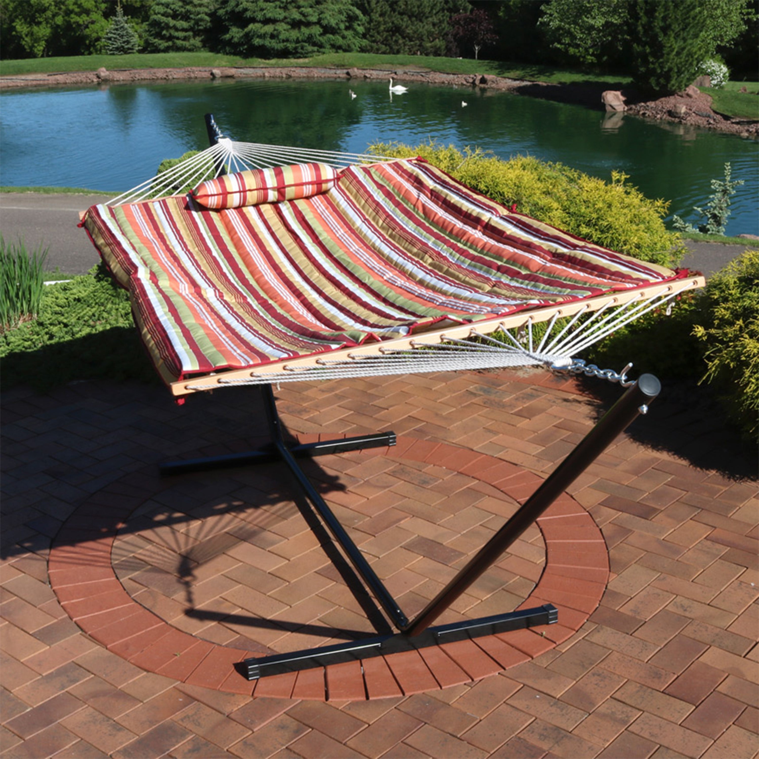 Premium Sunnydaze Rope Hammock with 12-Foot Steel Stand, Comfortable Pad & Pillow - Perfect for Backyard Relaxation, Beach Lounging & Outdoor Camping