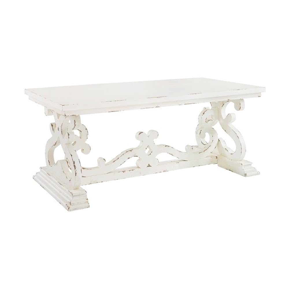 BOWERY HILL White Distressed Wood Coffee Table - Modern Farmhouse Style Living Room Centerpiece for Home Decor