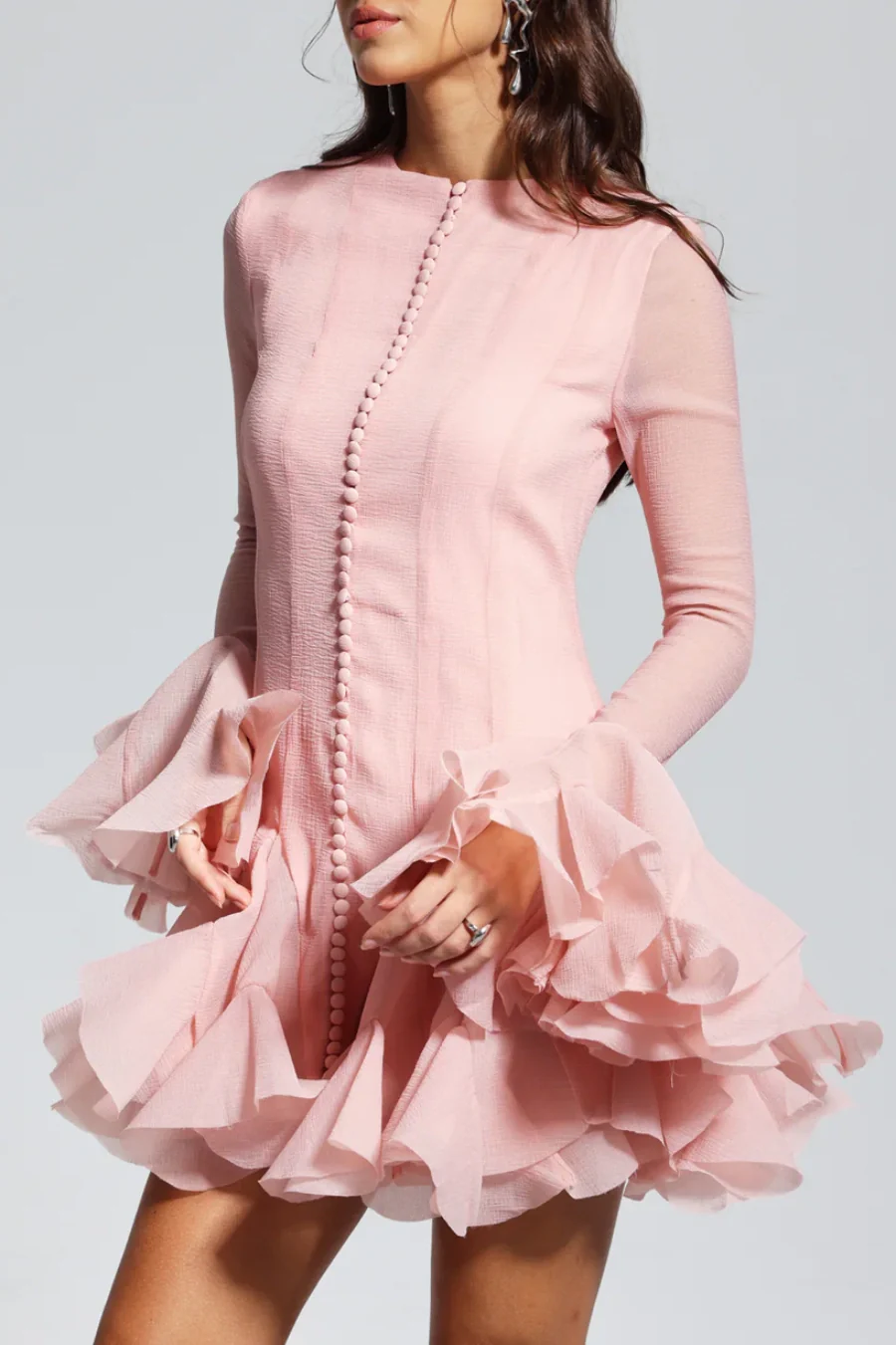 Alberta Semi-Sheer Ruffle Mini Dress in Pink - Flirty & Feminine Summer Outfit for Parties, Dates & Beach Vacations
