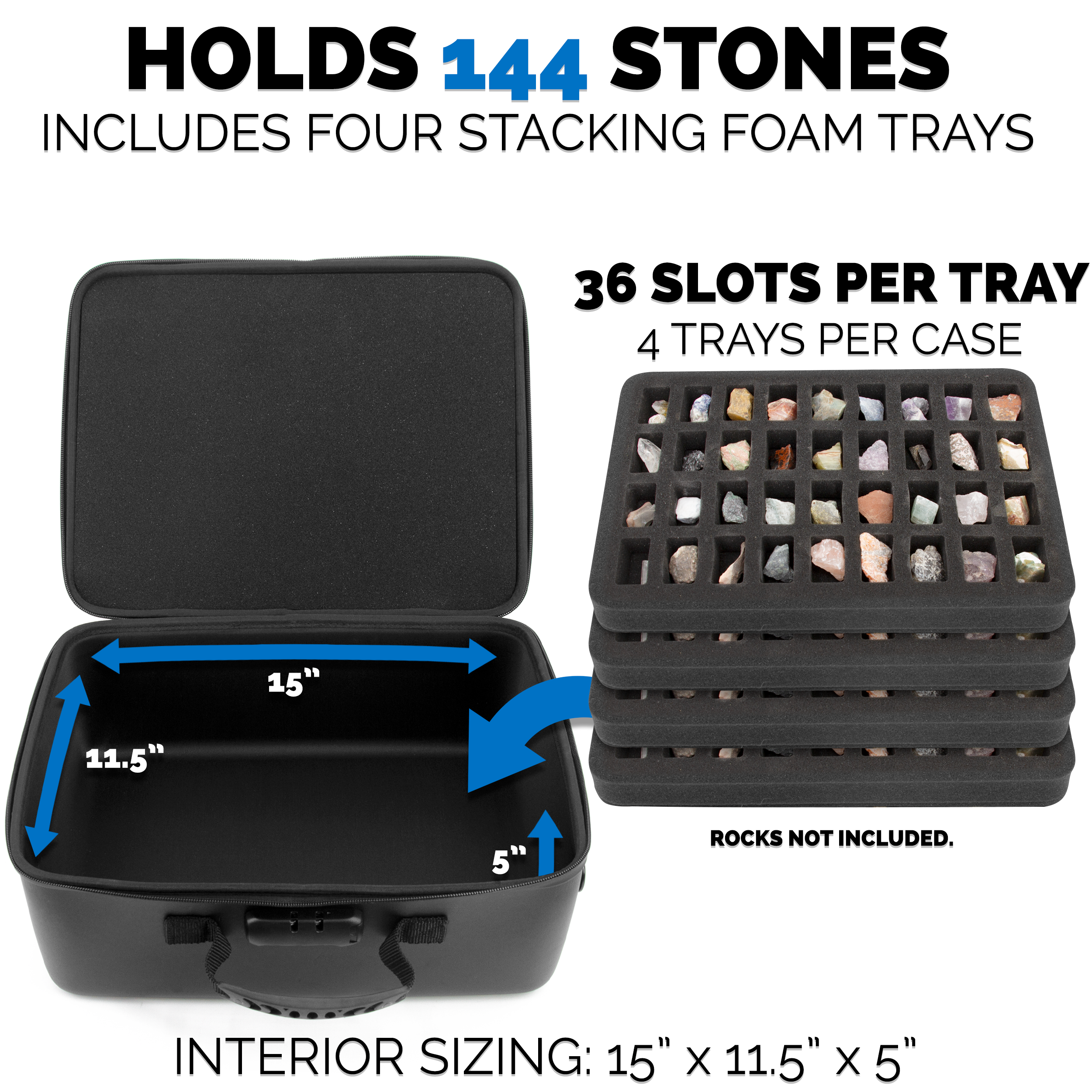 CASEMATIX 144 Slot Rock Collection Box with Programmable Lock - Crystal Storage Case with 4 Trays & Shoulder Strap - Perfect for Travel, Geology Field Trips & Mineral Organization