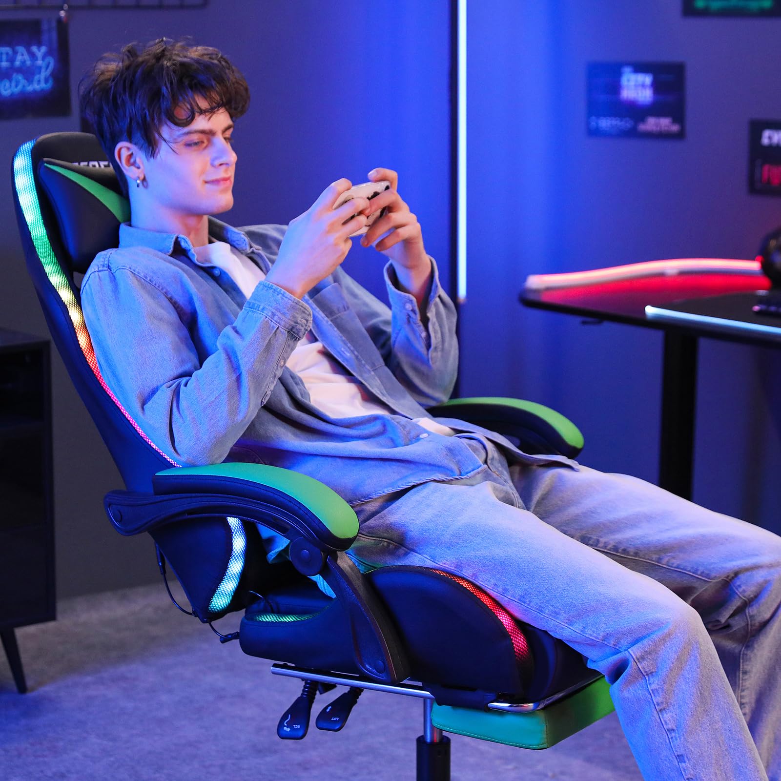 HOFREE Ergonomic Gaming Chair with Massage & LED Lights - High Back Reclining Computer Chair with Adjustable Lumbar Support & Footrest - Green & Black - Perfect for Esports, Streaming & Home Office Setup