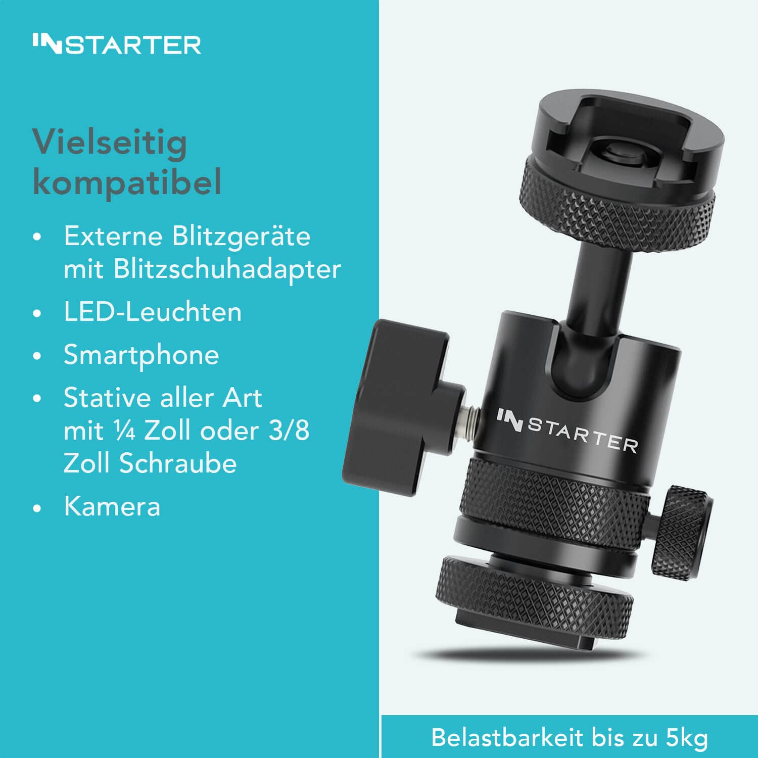 Instarter 2-in-1 Ball Head Mount with Hot Shoe & 1/4 Inch Screw - Universal Camera Tripod Head for DSLR, Mirrorless, LED Lights & Accessories - 180° Tilt Adjustment & 5kg Load Capacity - Durable Aluminum Flex Mount - Perfect for Photography, Videography & Studio Lighting Setups