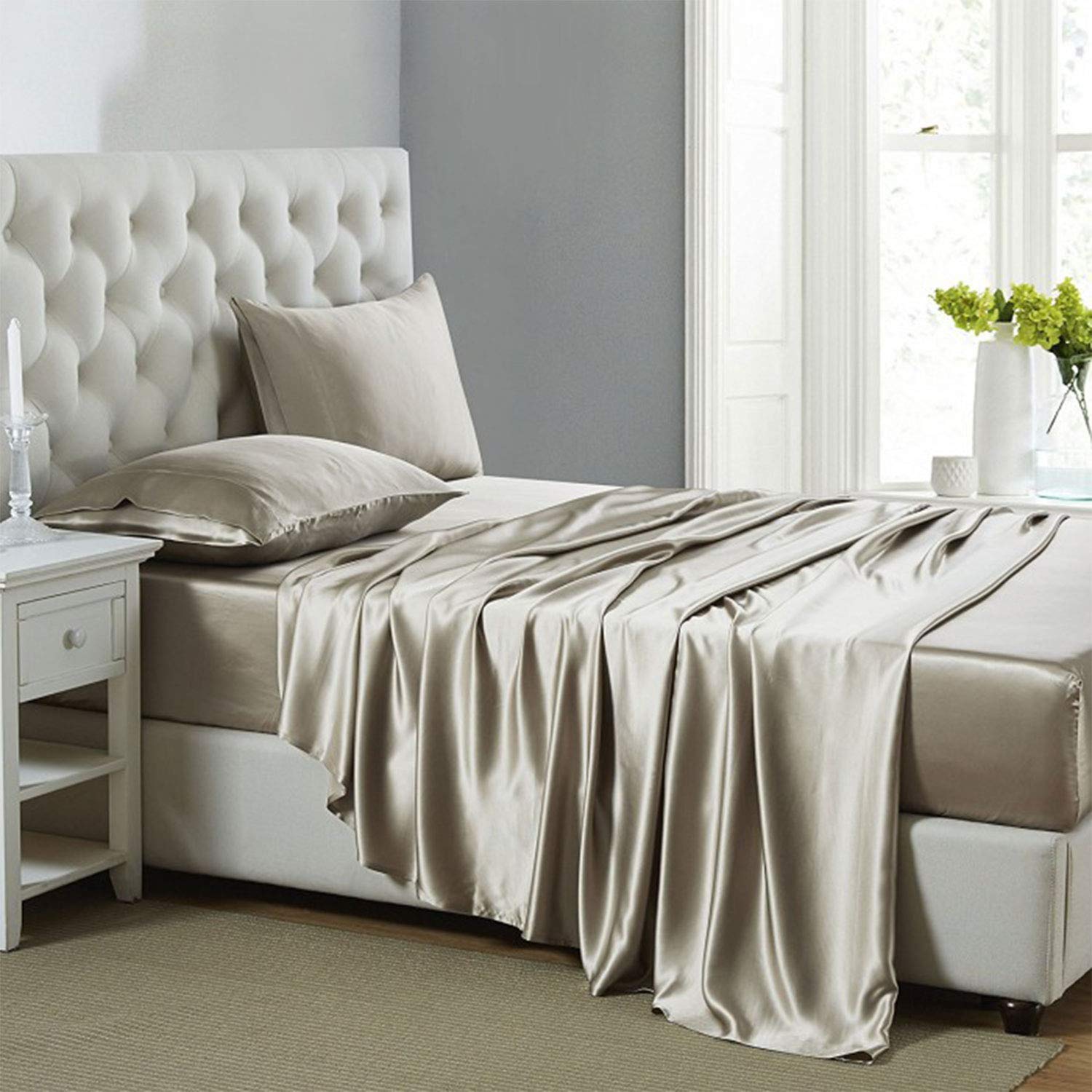 Luxury Silk Satin Sheets Queen Size - 4 Piece Bedding Set with Deep Pockets, Cooling Soft & Hypoallergenic Satin Fabric - Taupe Color for Ultimate Comfort in Bedroom, Hotel or Guest Room