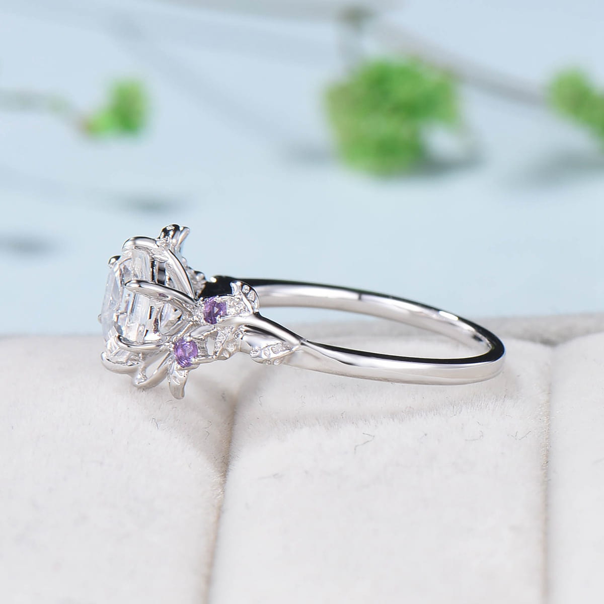 Vintage Moonstone & Amethyst Twig Engagement Ring - Elegant Nature-Inspired Leaf Cluster Wedding Band for Women (Rainbow Blue Gemstone) | Perfect for Boho Bridal, Nature Weddings & Unique Jewelry Gifts