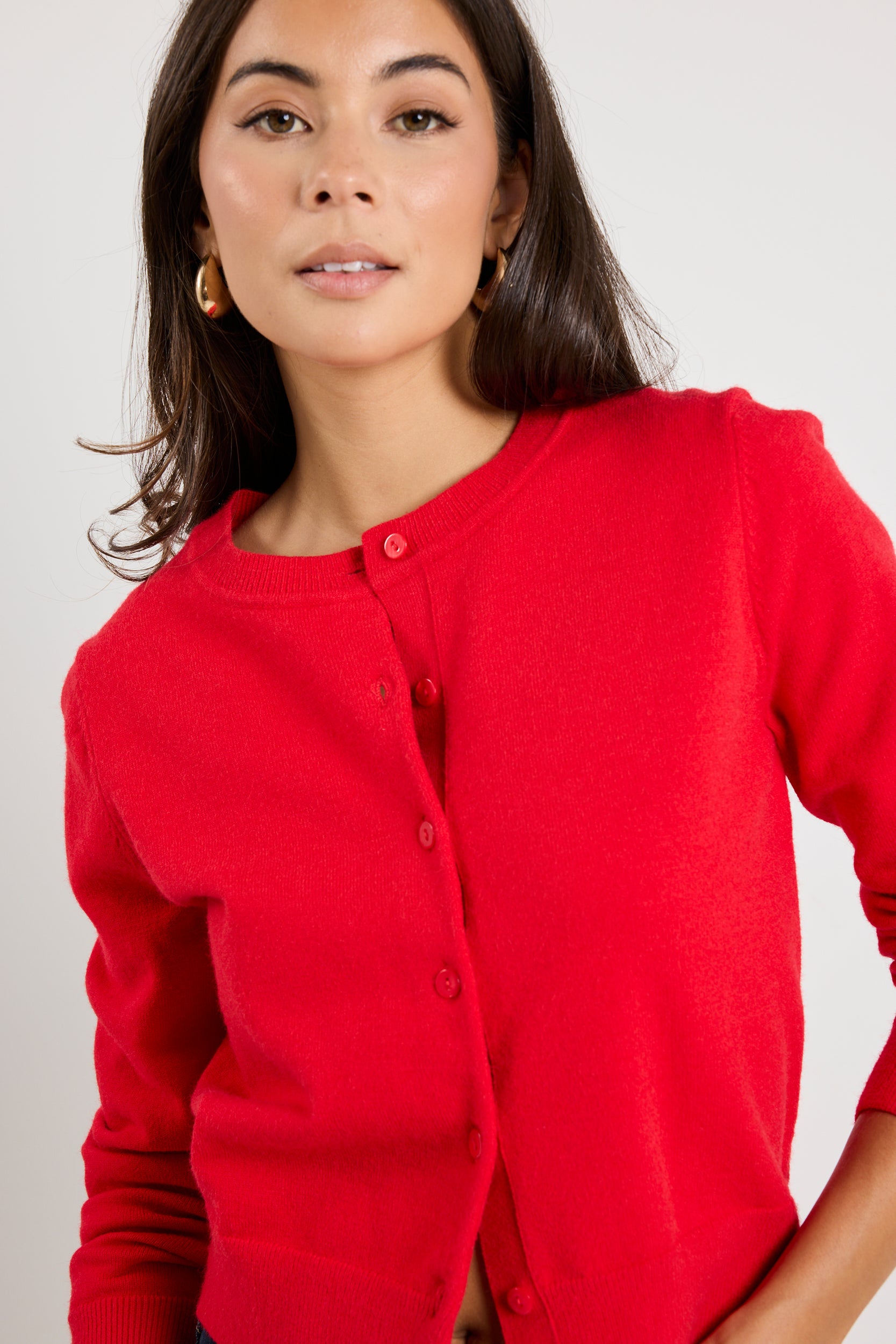 Premium Red Cashmere Blend Crewneck Cardigan for Women - Soft & Warm Knit Sweater - Perfect for Fall & Winter Outfits, Office Wear & Casual Chic