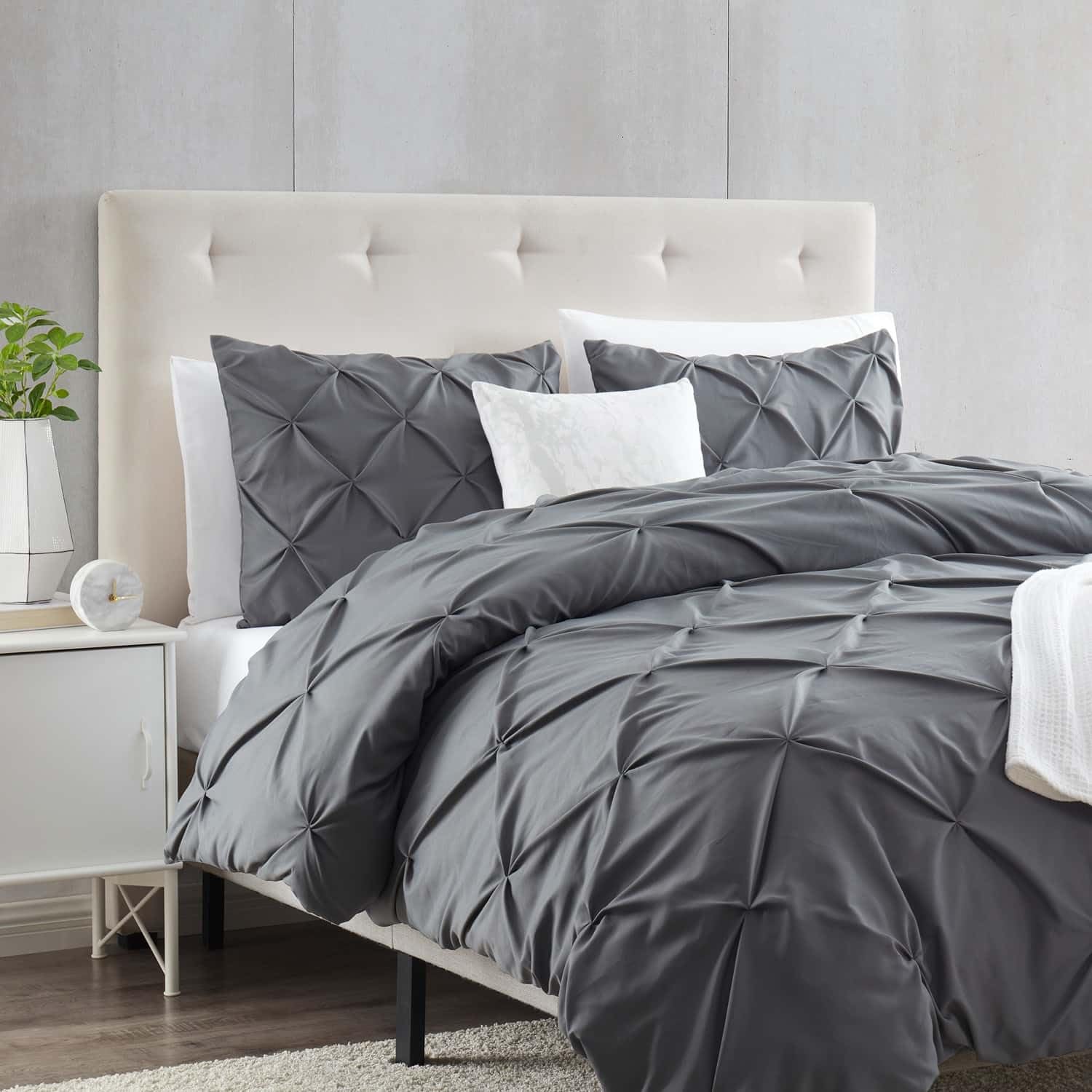 Luxury Grey Queen Size 3-Piece Duvet Cover Set - Ultra Soft Microfiber Pintuck Comforter Cover with Button Closure (90x90 Inches) & 2 Matching Pillow Shams - Pinch Pleated Bedding for Master Bedroom, Guest Room & Cozy Home Decor