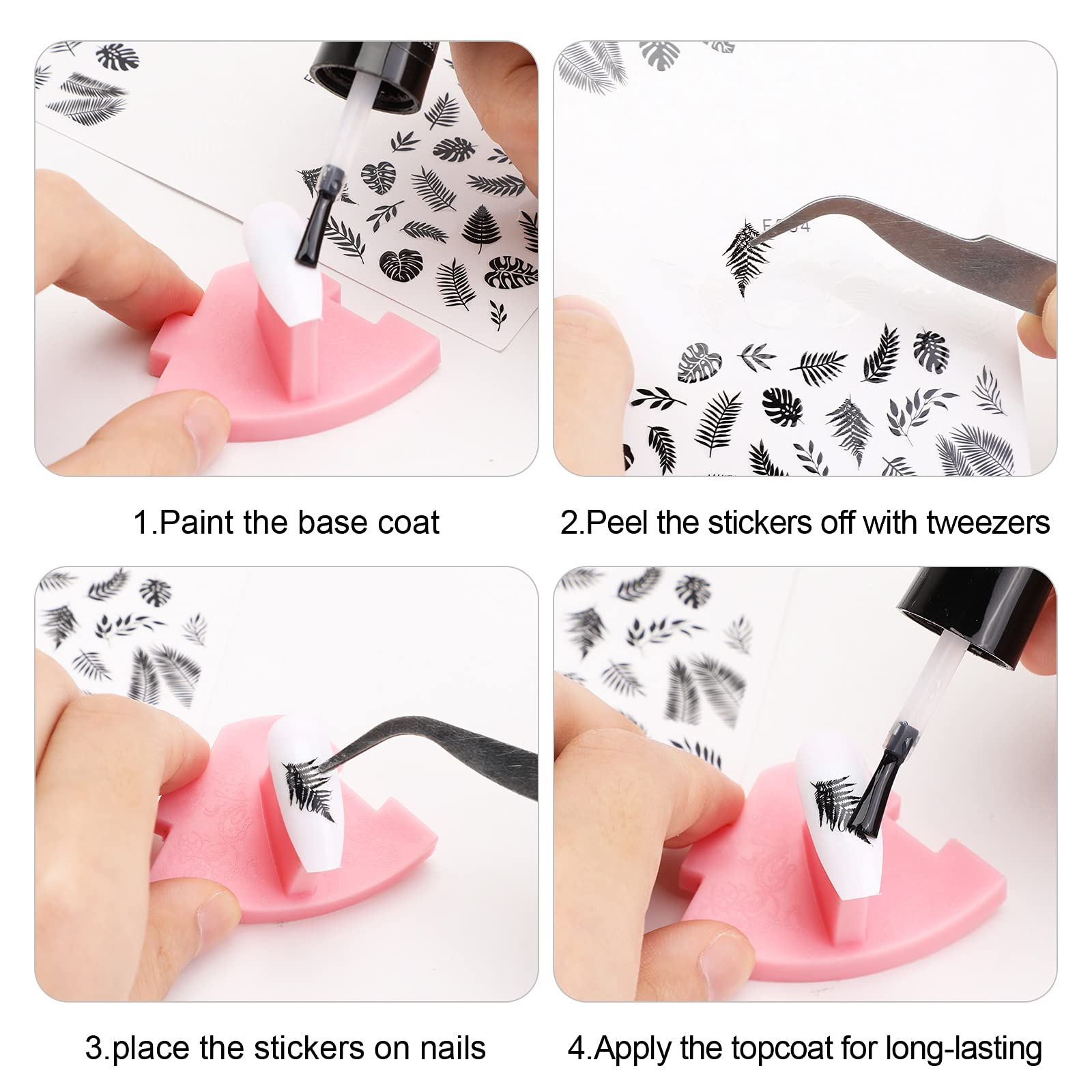 MWOOT 9 Sheets Black White Nail Stickers - 3D Self-Adhesive Nail Art Decals with Maple Leaf, Flower & Retro Pink Vine Designs for DIY Manicure, Nail Salon & Home Nail Decoration