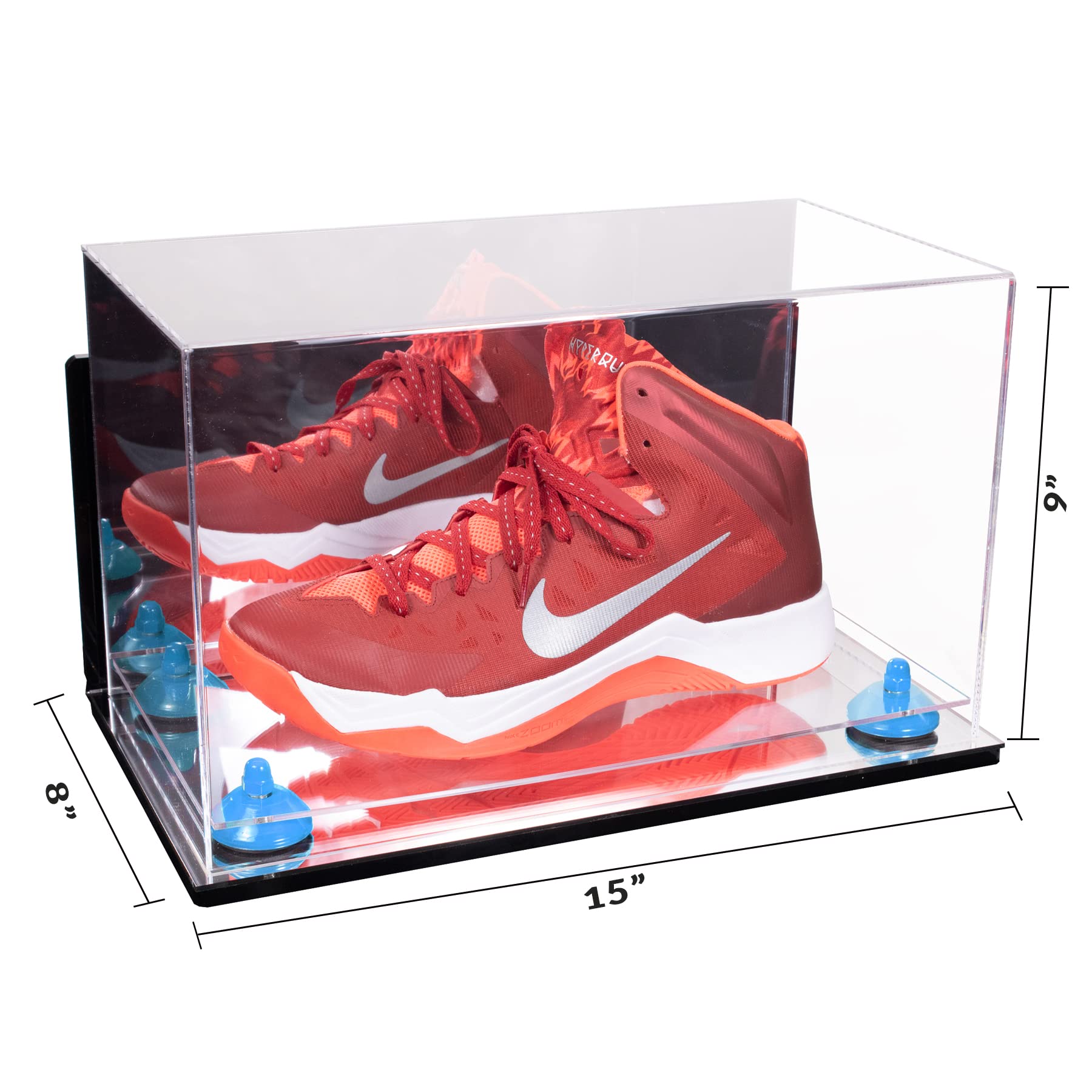 Acrylic Large Shoe Display Case for Basketball Shoes, Soccer Cleats & Football Cleats - Wall Mountable with Mirror Base & Light Blue Risers (V11/A013) - Perfect for Sneaker Collection Display, Sports Memorabilia Showcase & Home Decor