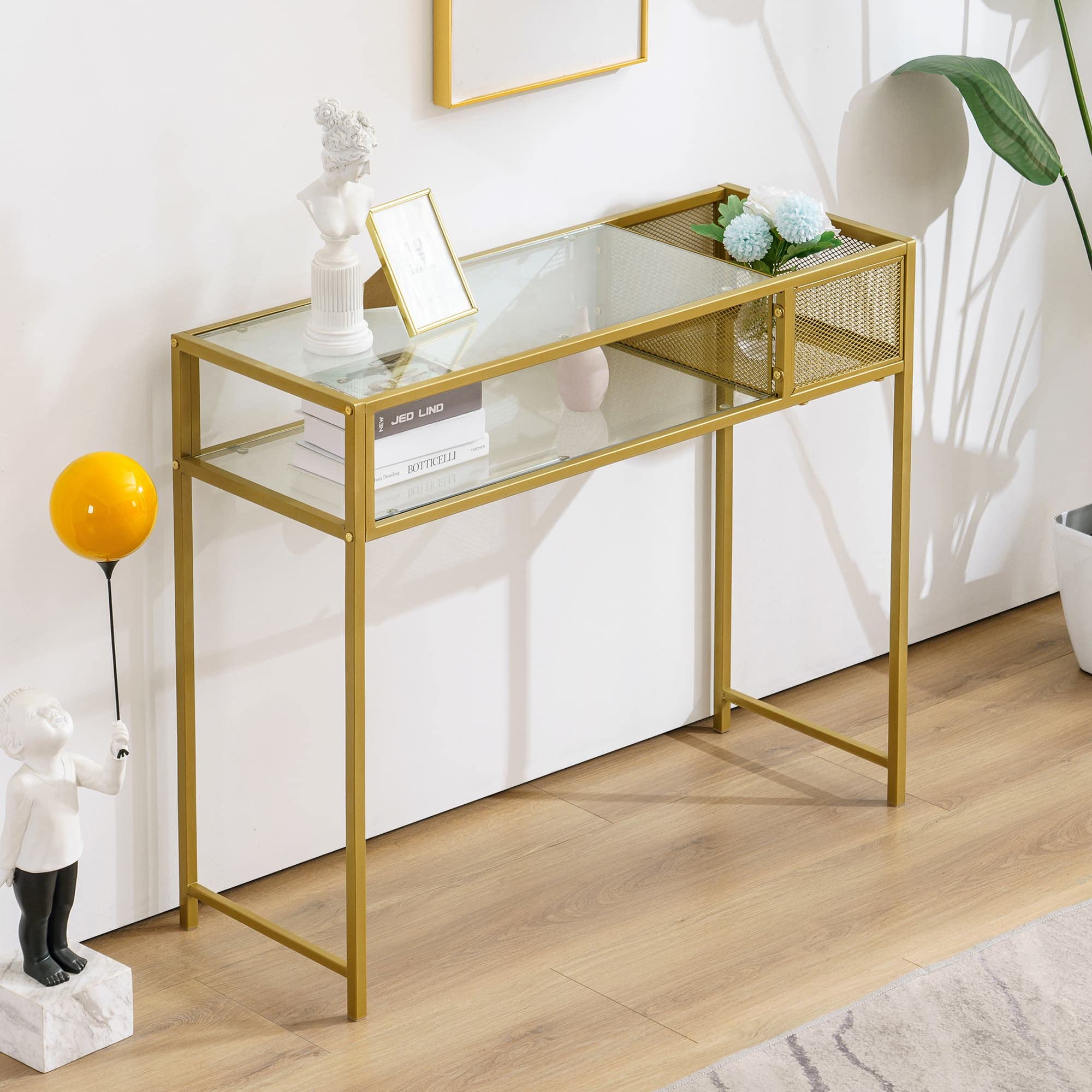 ivinta Narrow Console Table - Modern Entryway Table with Glass Shelves & Gold Metal Frame, 2-Tier Sofa Table for Living Room, Hallway, Accent Table, Computer Desk, TV Stand (CONS-76GS) - Perfect for Small Spaces, Apartment Decor & Stylish Home Office Setup