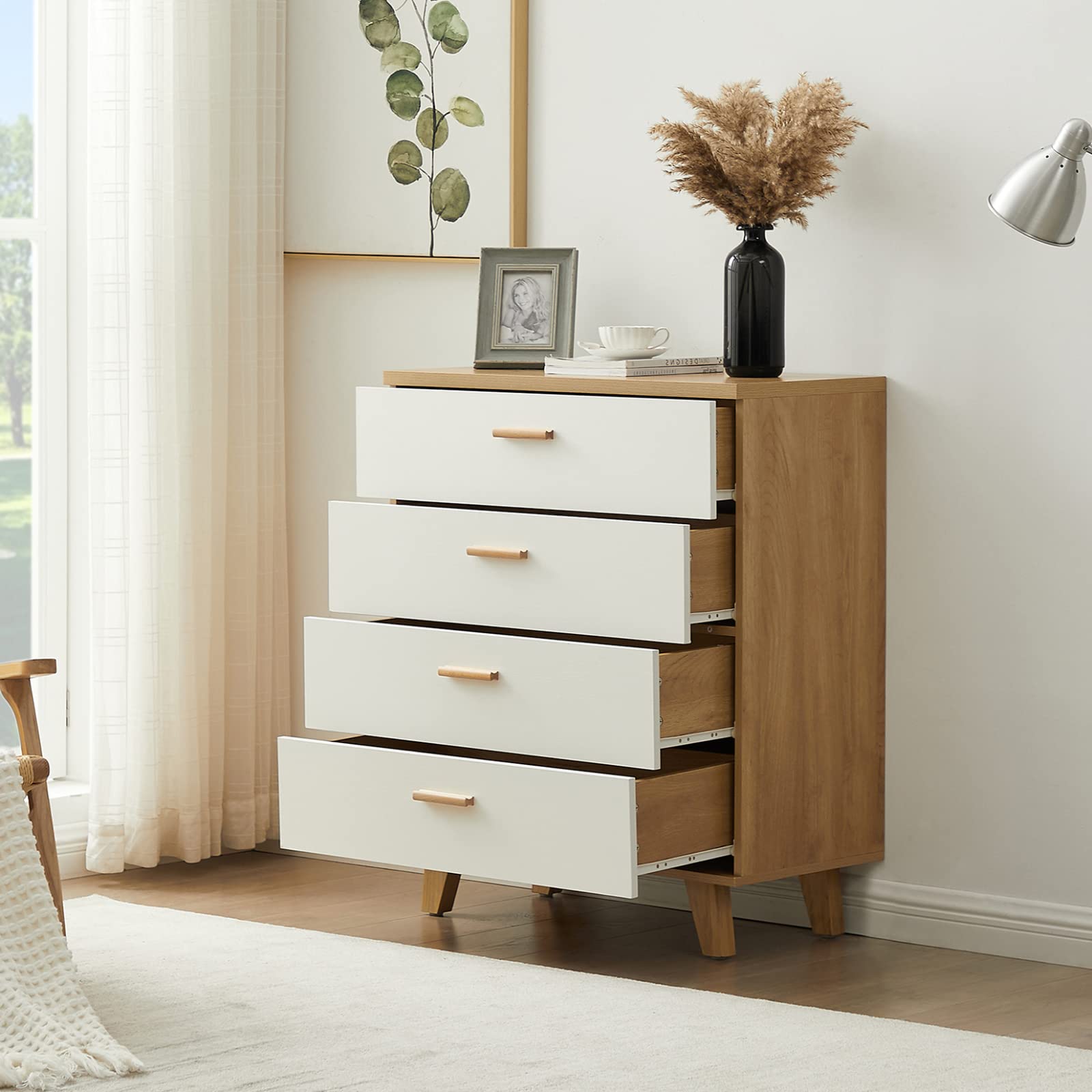 4 Drawer Storage Cabinet - Modern Bar Cabinet with Solid Wood Handles & Foot Stand for Living Room, Bedroom, Hallway, Dorm | Perfect for Home Organization & Stylish Drink Storage