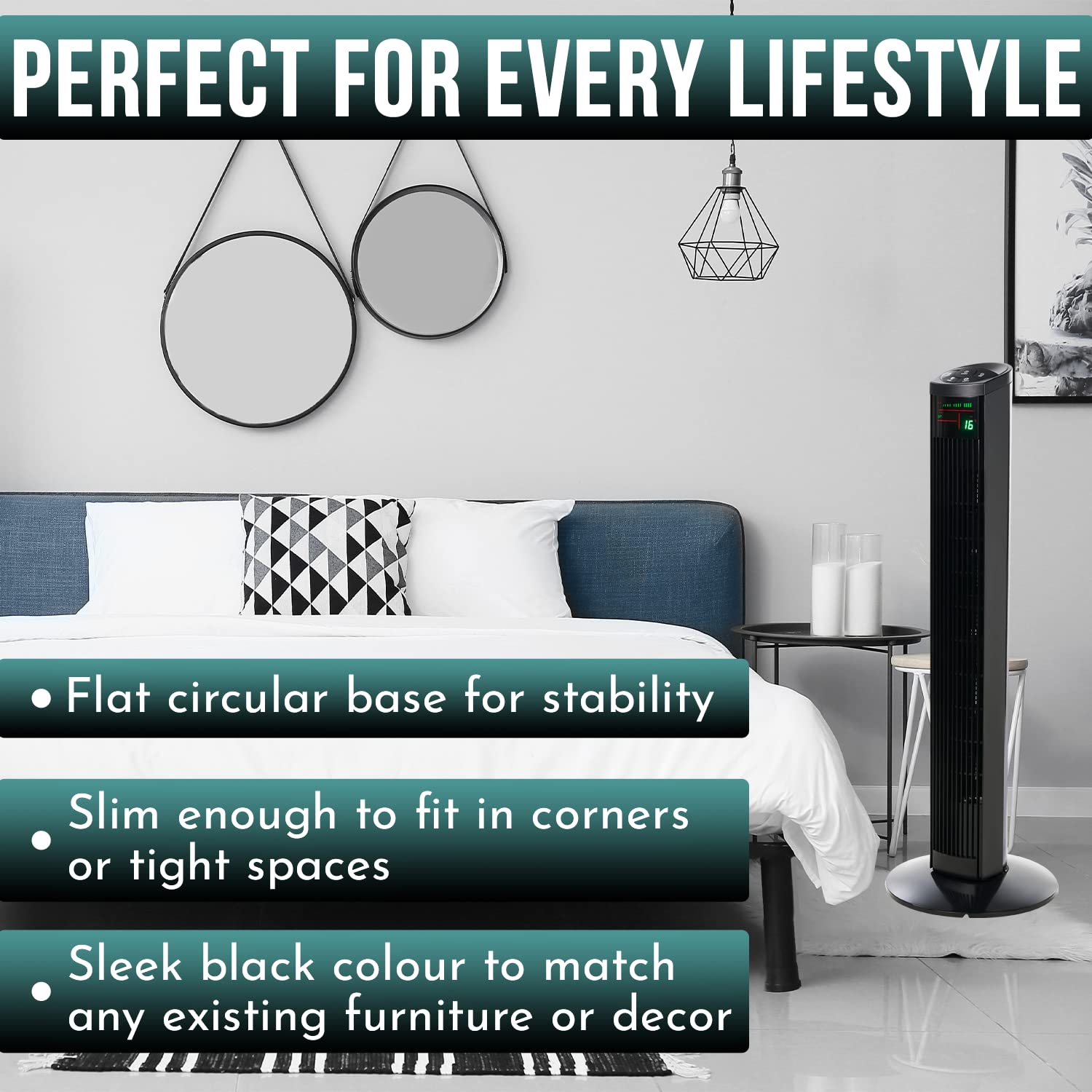 SA Products 36” Oscillating Tower Fan with Remote - 3 Speed Settings, 3 Modes, LED Display & Timer - Ultra Quiet Standing Floor Fan for Bedroom, Office, Living Room - Perfect for Home Cooling, Nursery & Workspaces - Black