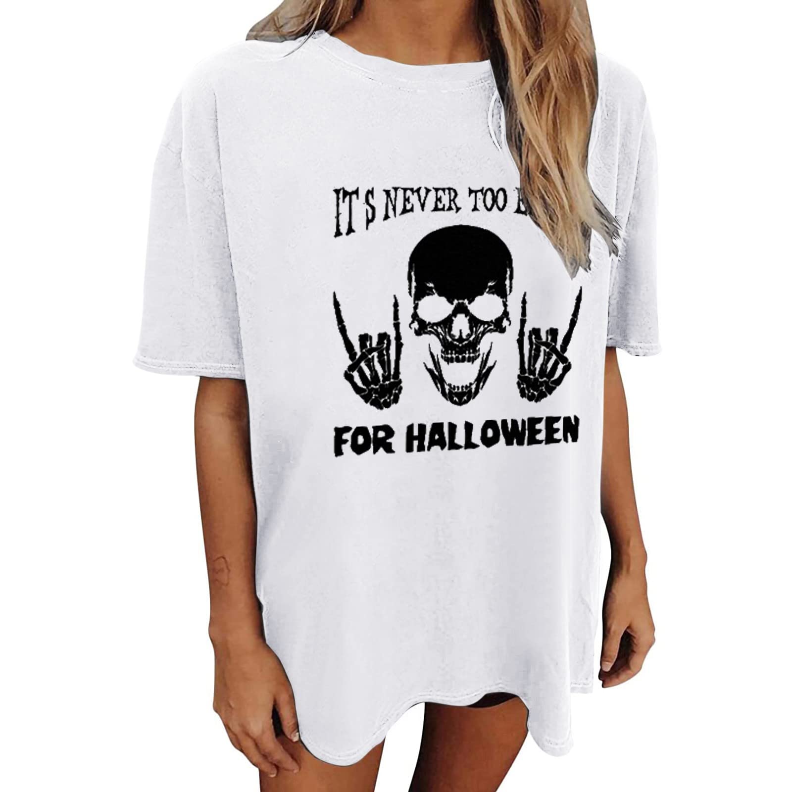 Halloween Women's Skeleton Printed T-Shirt - Short Sleeve Crew Neck Casual Loose Fit Funny Graphic Tee for Costume Parties & Spooky Outfits