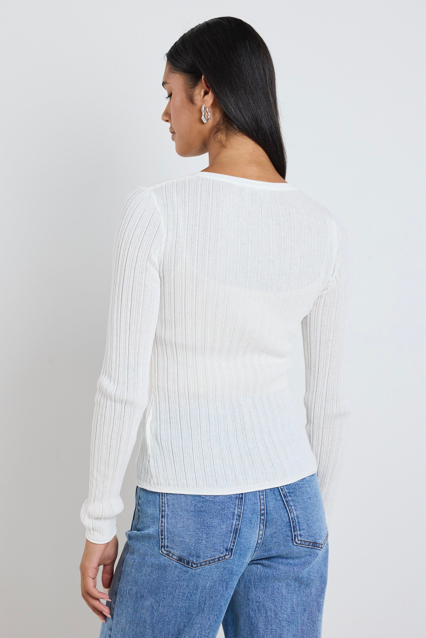 Fragment Ivory Sheer Long Sleeve Knit Top for Women - Elegant Lace Detail Blouse for Casual Wear, Office, and Date Nights