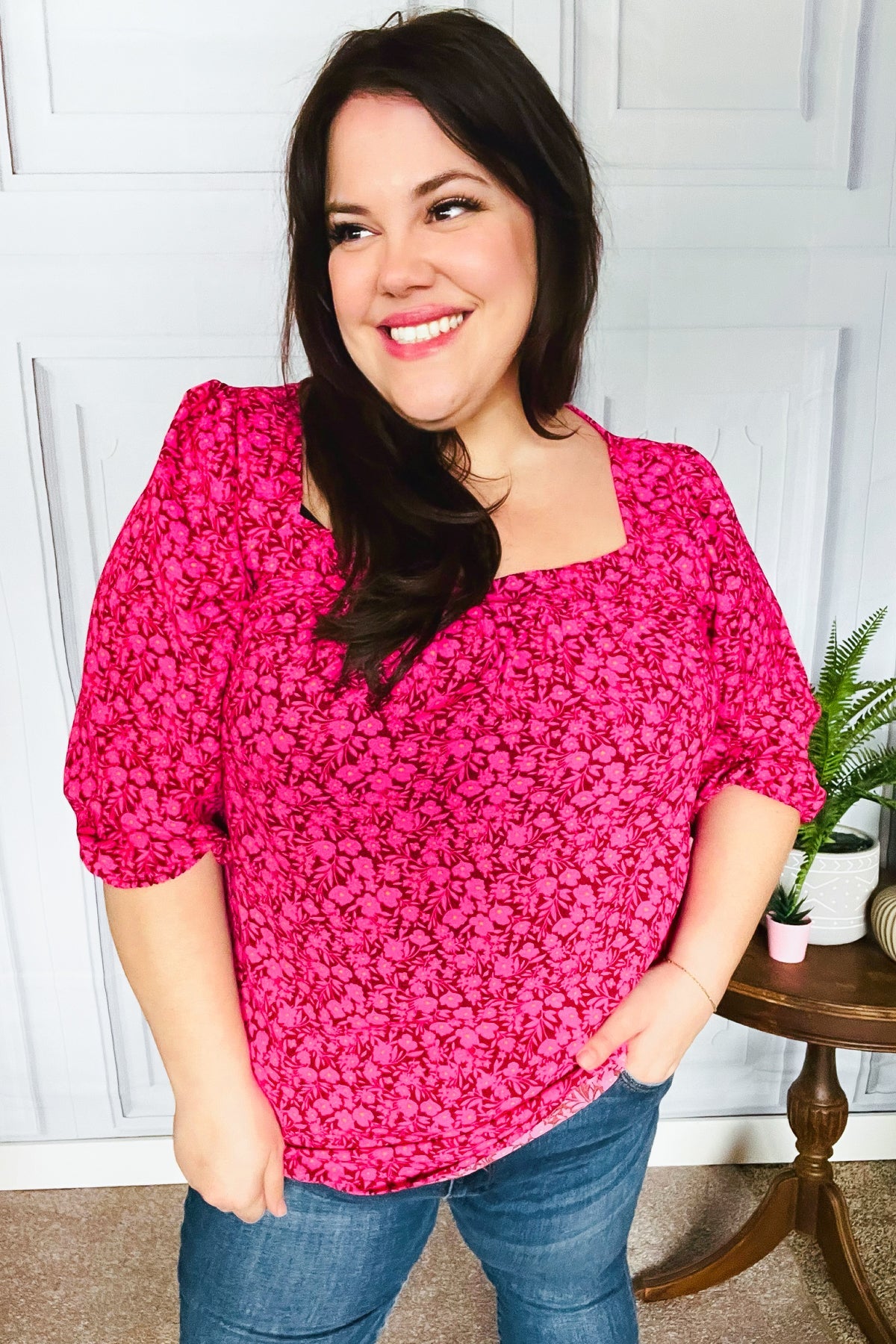 Perfectly You Fuchsia Floral Print Three Quarter Sleeve Square Neck Blouse for Women | Casual Spring Summer Tops for Office Wear & Date Night Outfits
