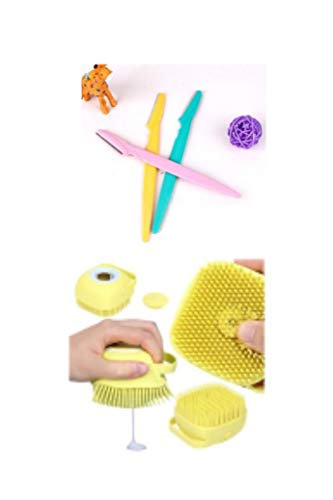 Plenzo Eyebrow Razor & Facial Exfoliating Tool for Women - Soft Bristle Silicon Body Scrub Brush with Shampoo Dispenser - Multipurpose Grooming Kit for Men & Women [2-Piece Set] - Perfect for Eyebrow Shaping, Facial Hair Removal & Body Exfoliation in Shower