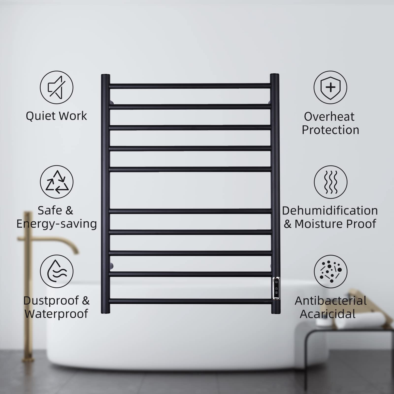 ETW25A Electric Towel Warmer with Timer - Wall Mounted Bathroom Heated Towel Rack, Plug-in Black - Perfect for Spa, Luxury Bathrooms & Cold Weather Comfort