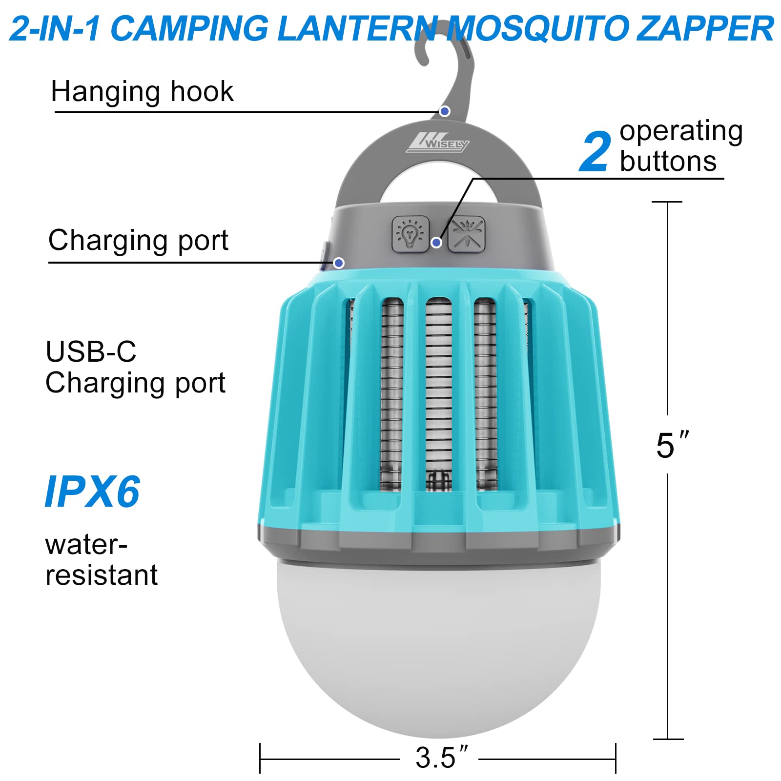 USB-C Rechargeable Bug Zapper - Indoor/Outdoor Electric Mosquito Killer Lantern with LED Light | Portable Insect Trap for Patio, Garden, Camping & Home Use | Ocean Blue Design