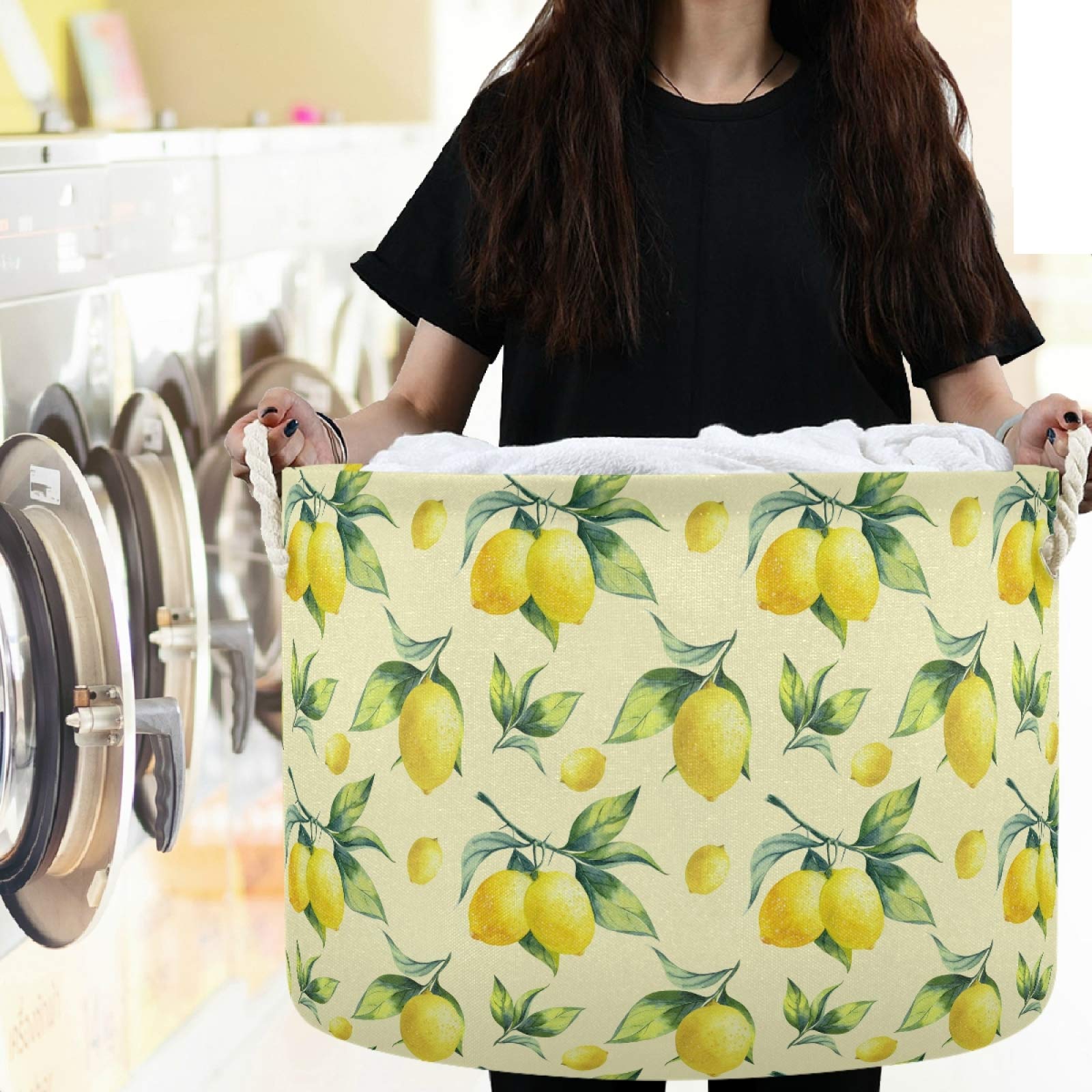 Visesunny Collapsible Storage Basket - Lemon Yellow Pattern Nursery Hamper for Clothes, Toys & Laundry | Foldable Organizer Bin for Kids Room, Playroom, Bathroom, Living Room, Dorm & Office | Perfect for Home Organization & Space Saving