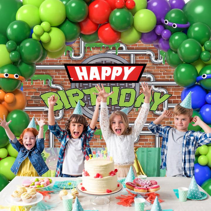 153Pcs Green Turtle Birthday Party Decorations Kit - Balloon Arch, Backdrop, Tablecloth, Googly Eye Balloons for Kids & Teens - Perfect for Girls & Boys Video Game Cartoon Themed Parties - Great for Indoor & Outdoor Birthday Celebrations, Baby Showers & Family Events