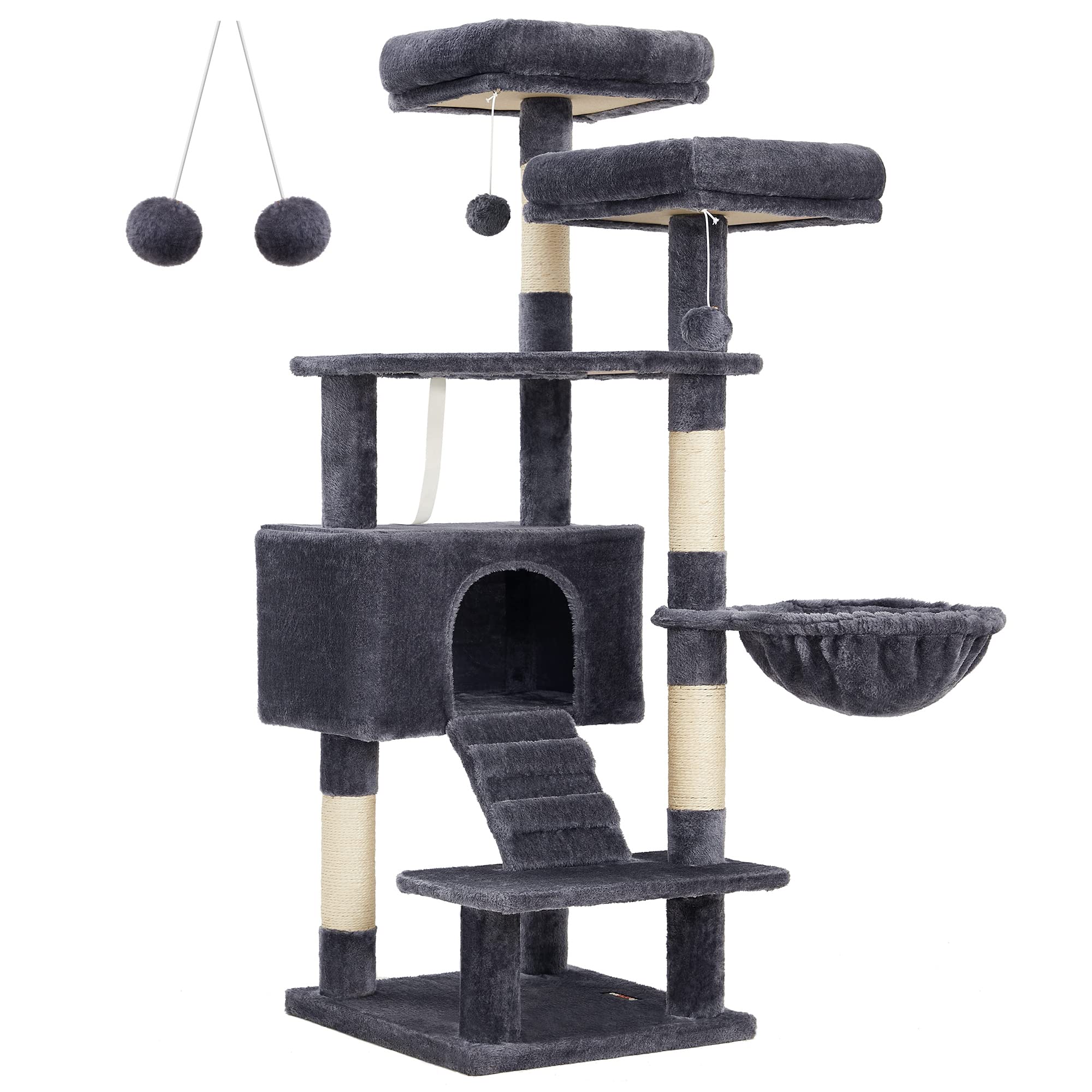 FEANDREA 55.9-Inch Cat Tree Tower for Indoor Cats - Multi-Level Cat Condo with Scratching Posts, 2 Plush Perches, Basket & Large Cat Cave - Durable Cat Activity Center with Ramp in Smoky Gray (UPCT160G01) - Perfect for Small Spaces & Playful Kittens