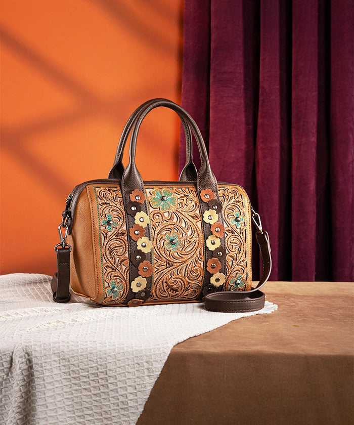 Montana West Embroidered Floral Cut Out Boston Bag Set - Stylish Leather Shoulder Purse for Women, Perfect for Work, Travel & Everyday Use