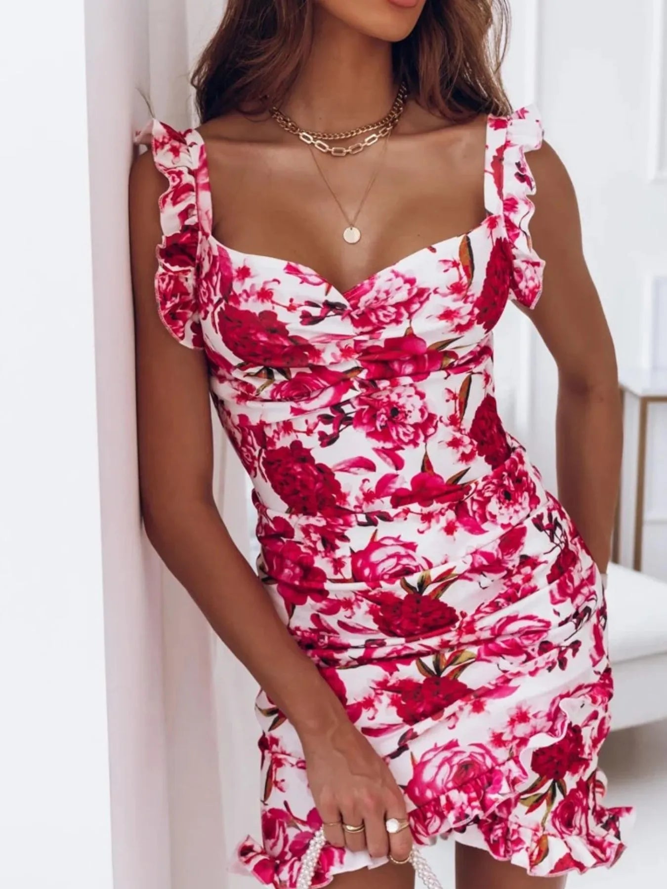 Floral Ruffle Strap Sweetheart Neck Mini Dress - Women's Summer Party Cocktail Dress for Wedding, Date Night & Special Occasions