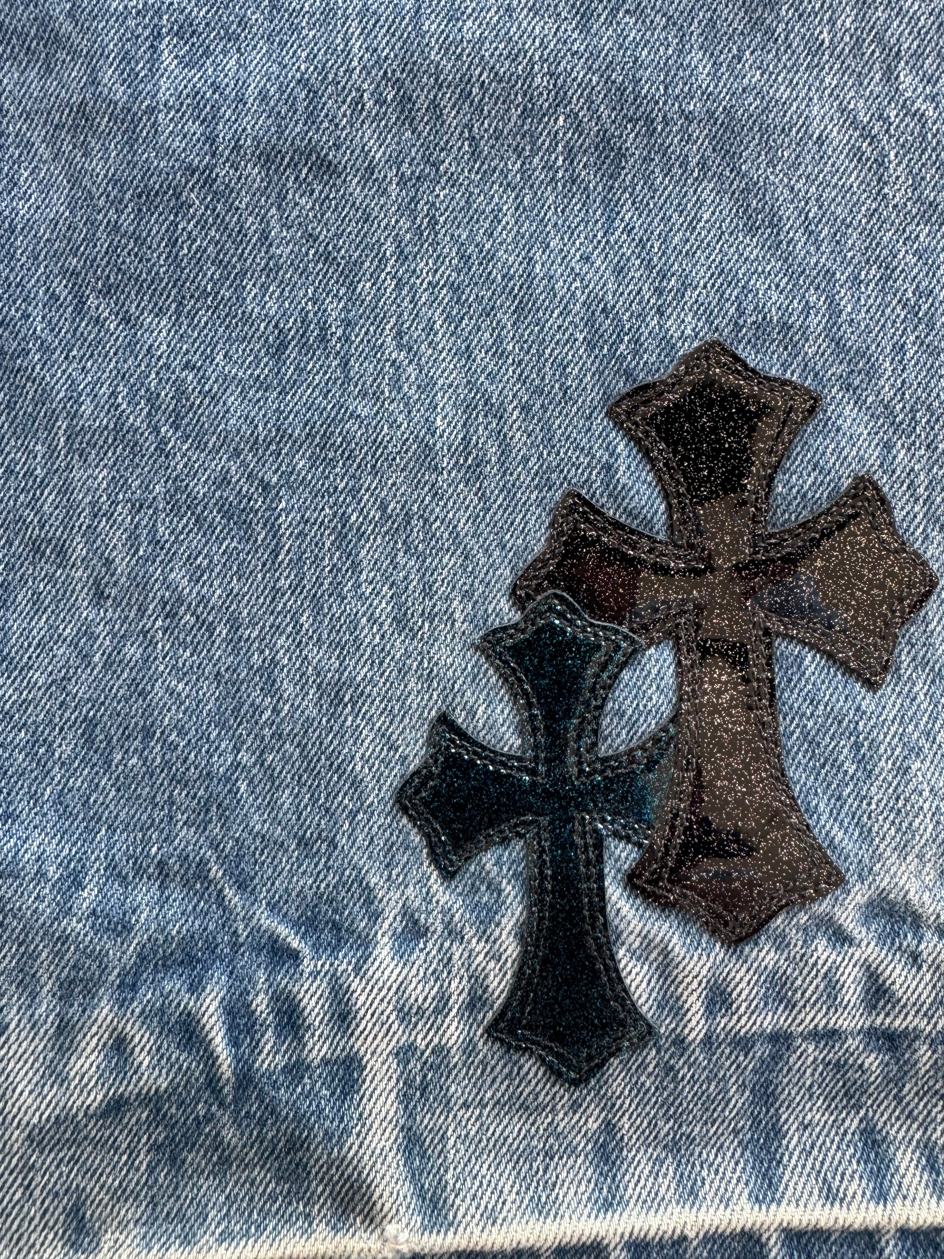 Chrome Hearts x Levi's St. Barth Blue Galaxy Patch Distressed Denim Jeans for Men - Vintage Designer Jeans with Unique Patches for Casual Wear & Street Style