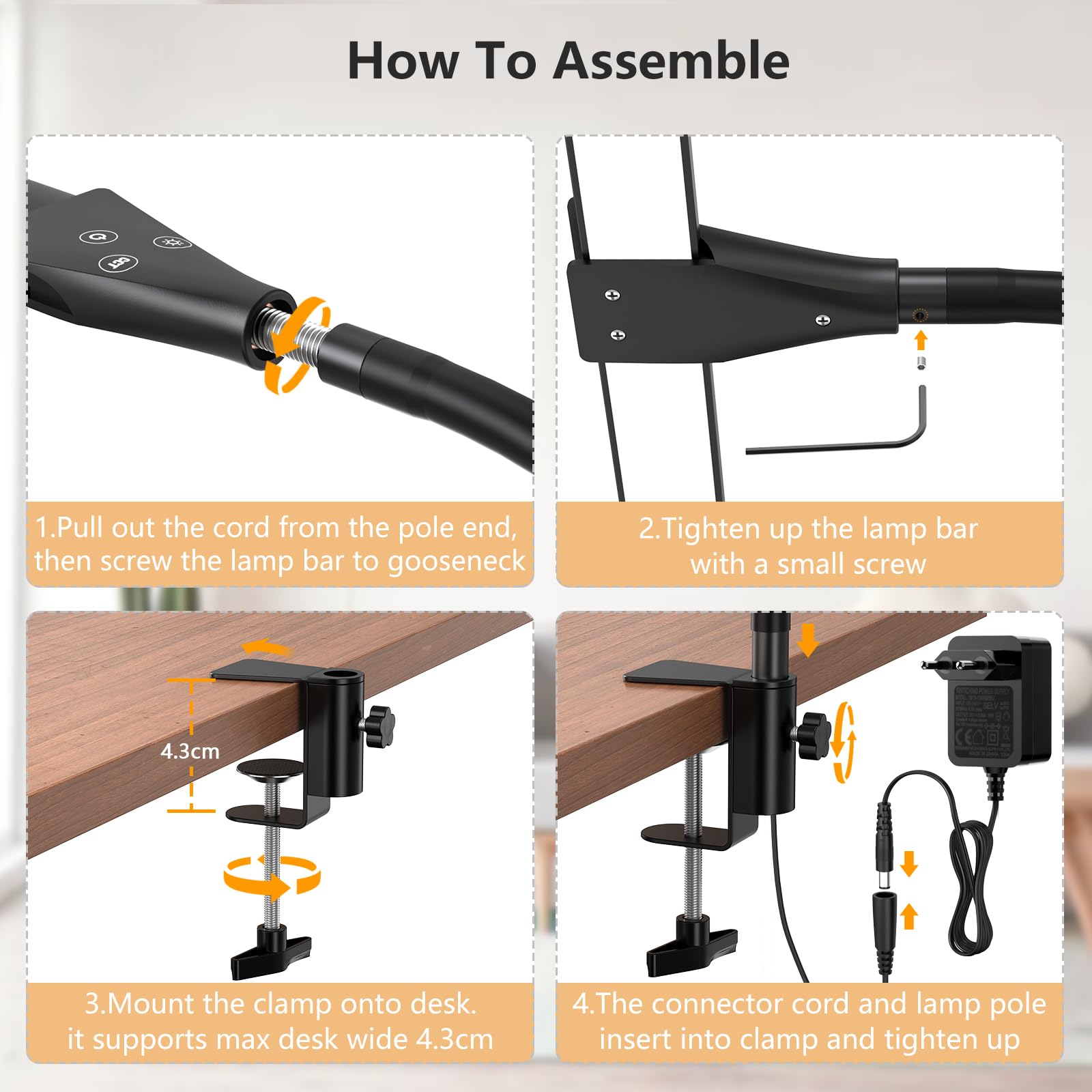 EppieBasic Adjustable Double Head LED Desk Lamp with Clamp - Eye-Caring Home Office Lighting, Flexible Gooseneck & Dimmable Monitor Light for Computer Work, Reading, and Study