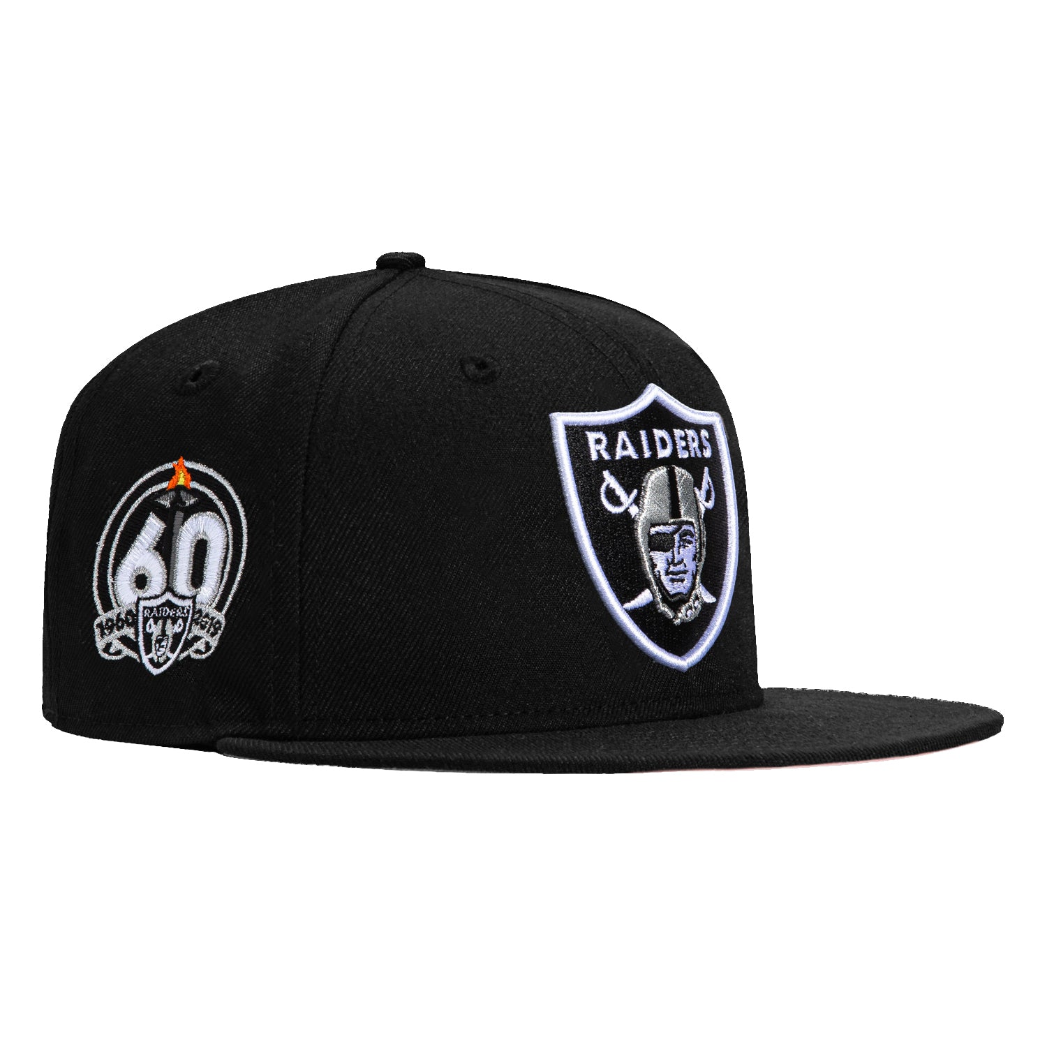 New Era 59Fifty Oakland Raiders 60th Anniversary Patch Pink UV Black Snapback Hat - Perfect for Football Games, Tailgating & Fan Collections