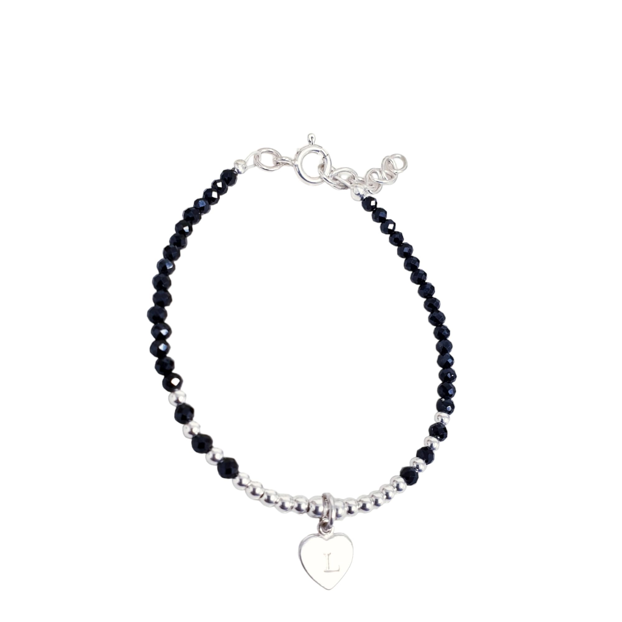 Personalized Black Spinel Bracelet - Sterling Silver Dainty Heart Beaded Bracelet with Initial Charm | Handmade Black Crystal Jewelry for Women | Perfect Gift for Birthday, Anniversary & Valentine's Day